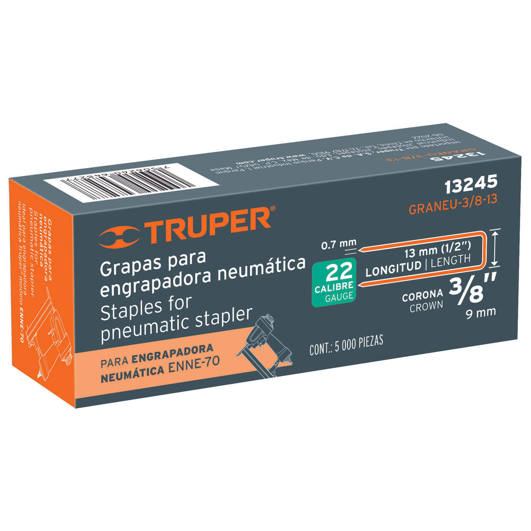 Caja con 5000 grapas corona 3/8" calibre 22, 13mm p/ENNE-70 TRUPER