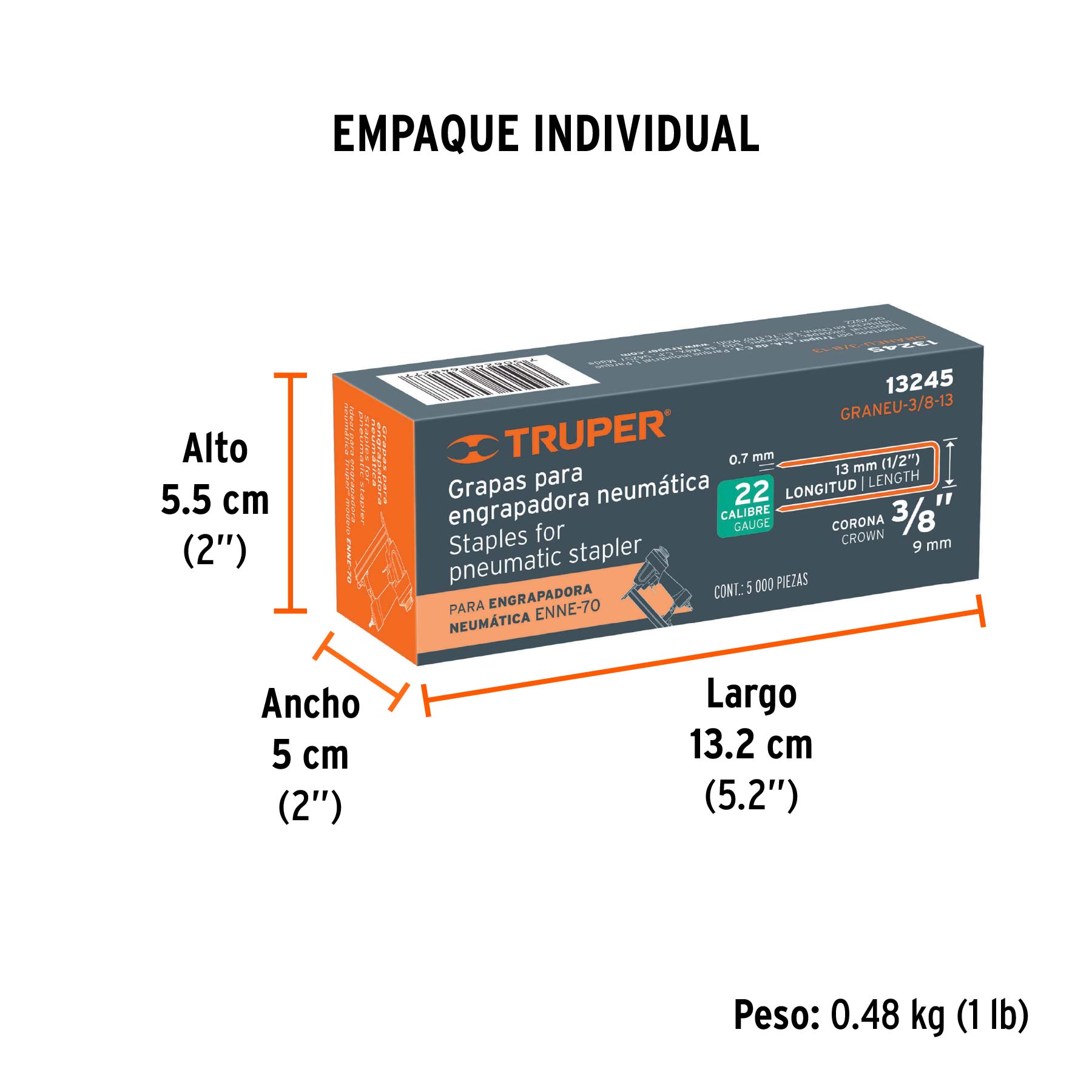 Caja con 5000 grapas corona 3/8" calibre 22, 13mm p/ENNE-70 TRUPER