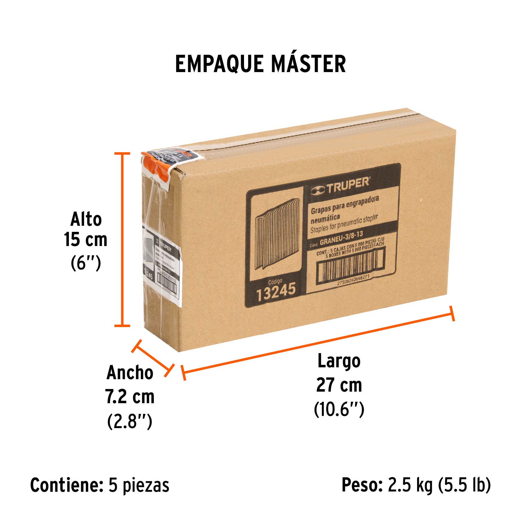 Caja con 5000 grapas corona 3/8" calibre 22, 13mm p/ENNE-70 TRUPER