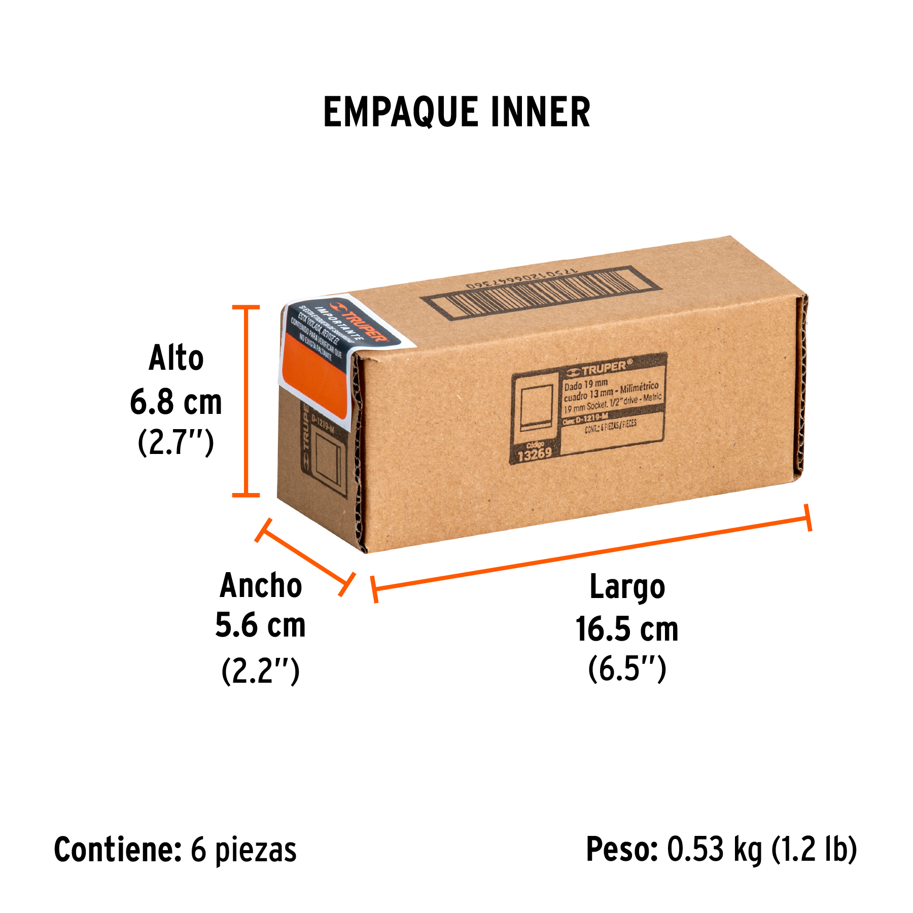 Dado de 19 mm, 6 puntas, cuadro 1/2", TRUPER TRUPER