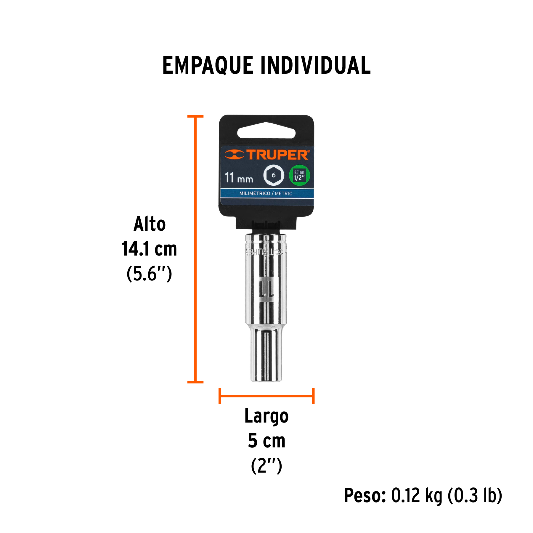 Dado largo de 11 mm, 6 puntas, cuadro 1/2", TRUPER TRUPER