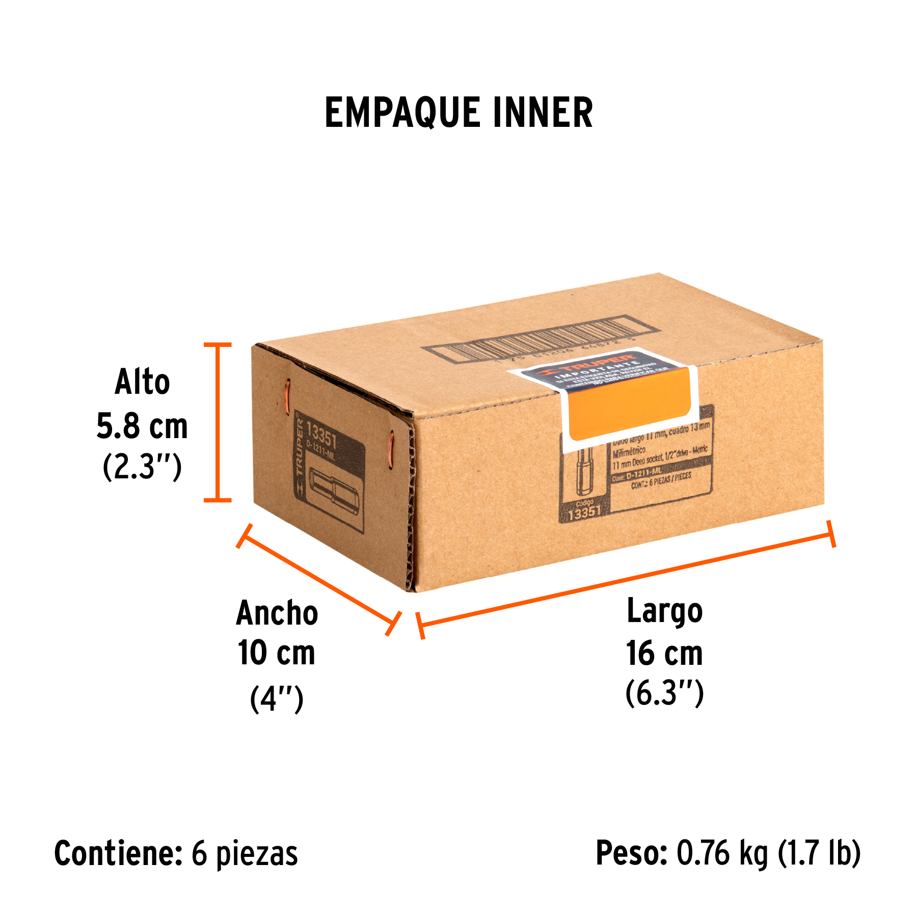 Dado largo de 11 mm, 6 puntas, cuadro 1/2", TRUPER TRUPER