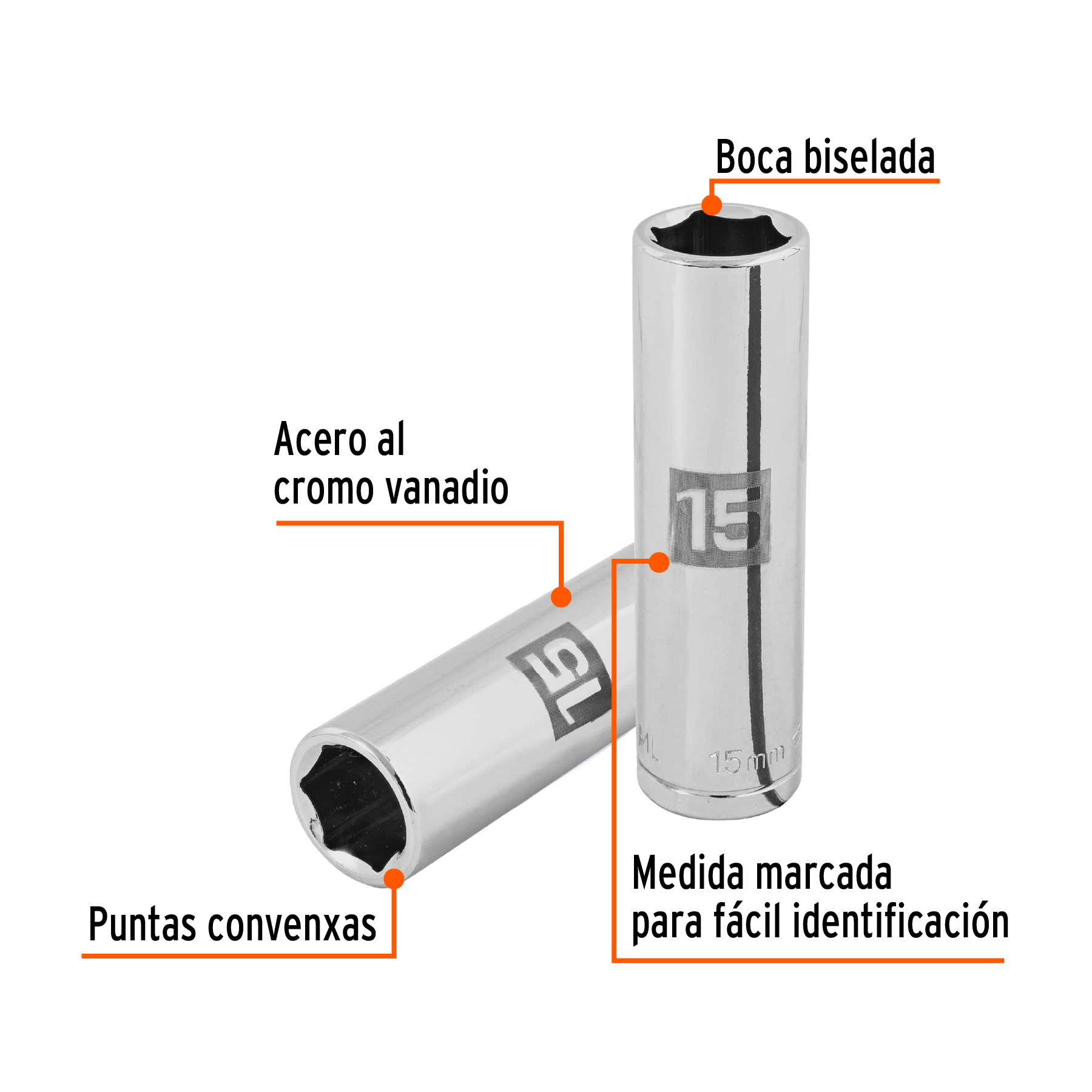 Dado largo de 15 mm, 6 puntas, cuadro 1/2", TRUPER TRUPER