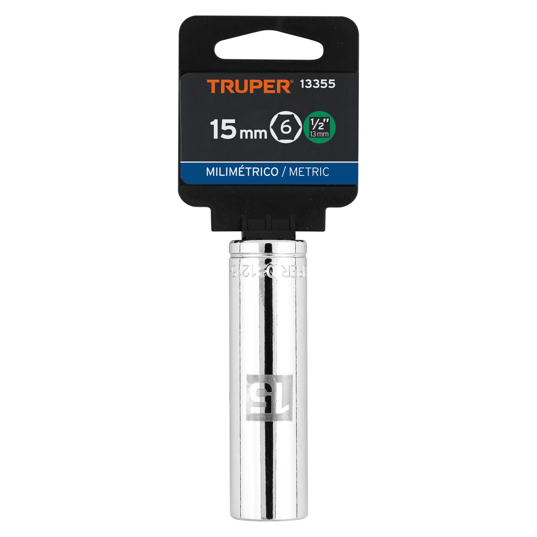 Dado largo de 15 mm, 6 puntas, cuadro 1/2", TRUPER TRUPER