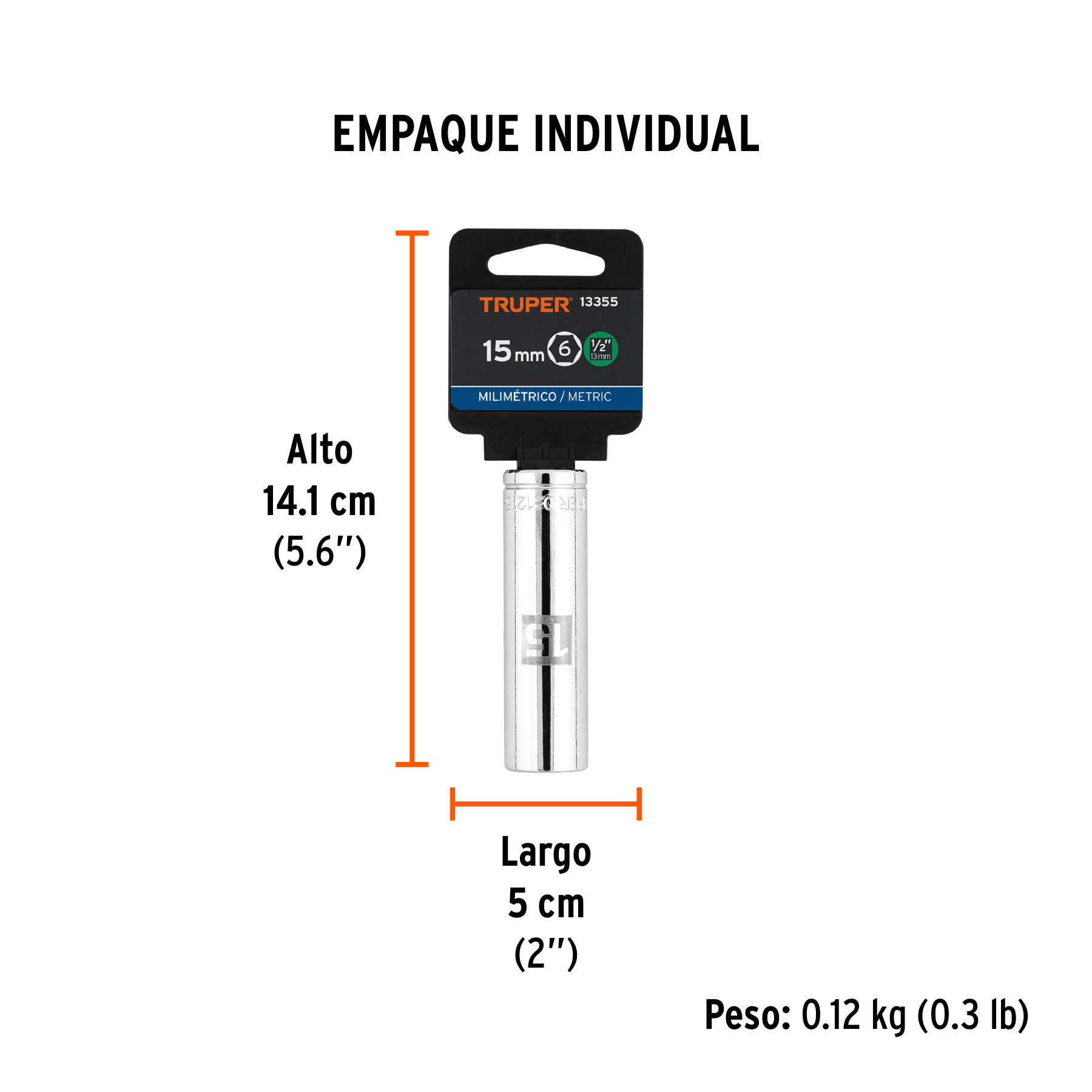 Dado largo de 15 mm, 6 puntas, cuadro 1/2", TRUPER TRUPER