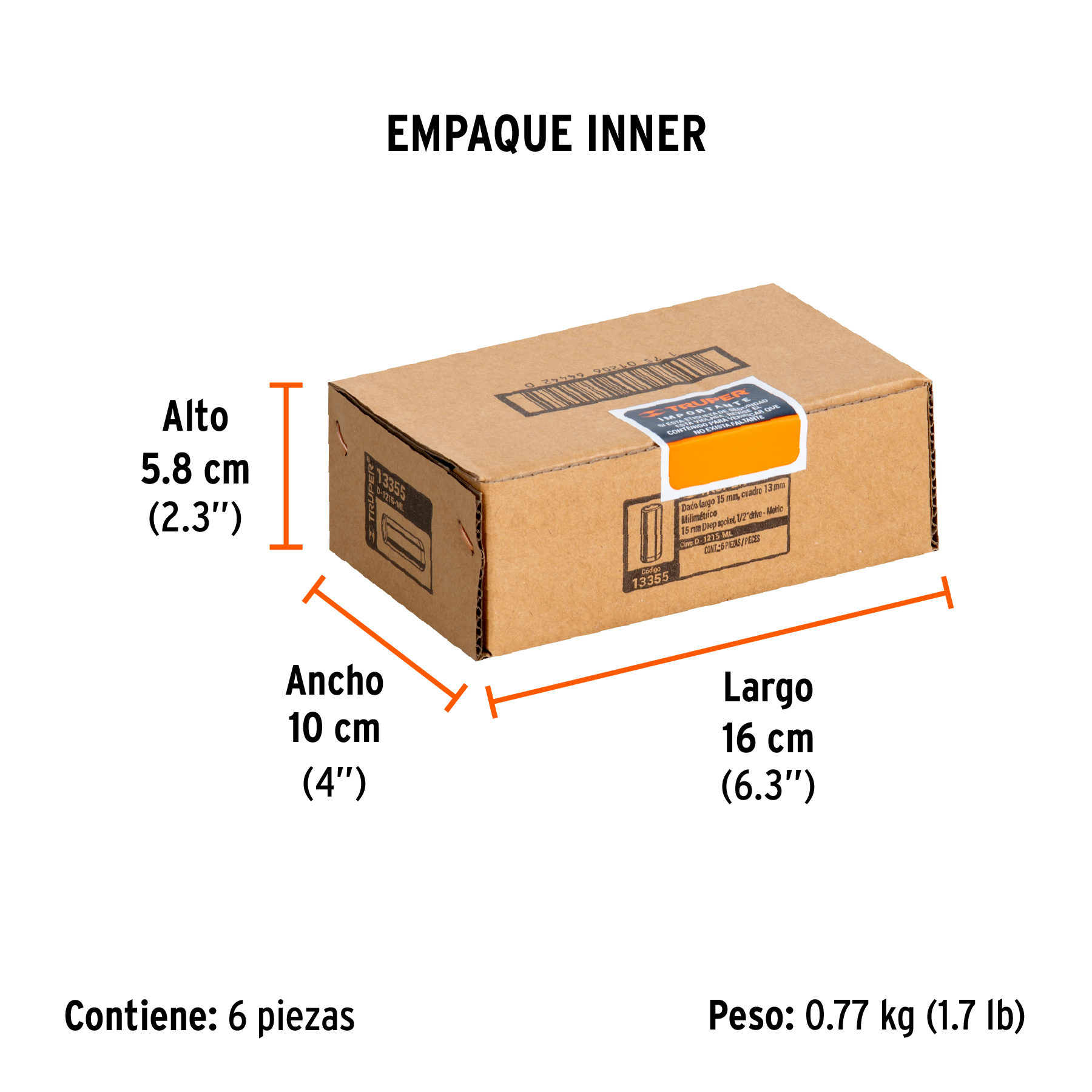 Dado largo de 15 mm, 6 puntas, cuadro 1/2", TRUPER TRUPER