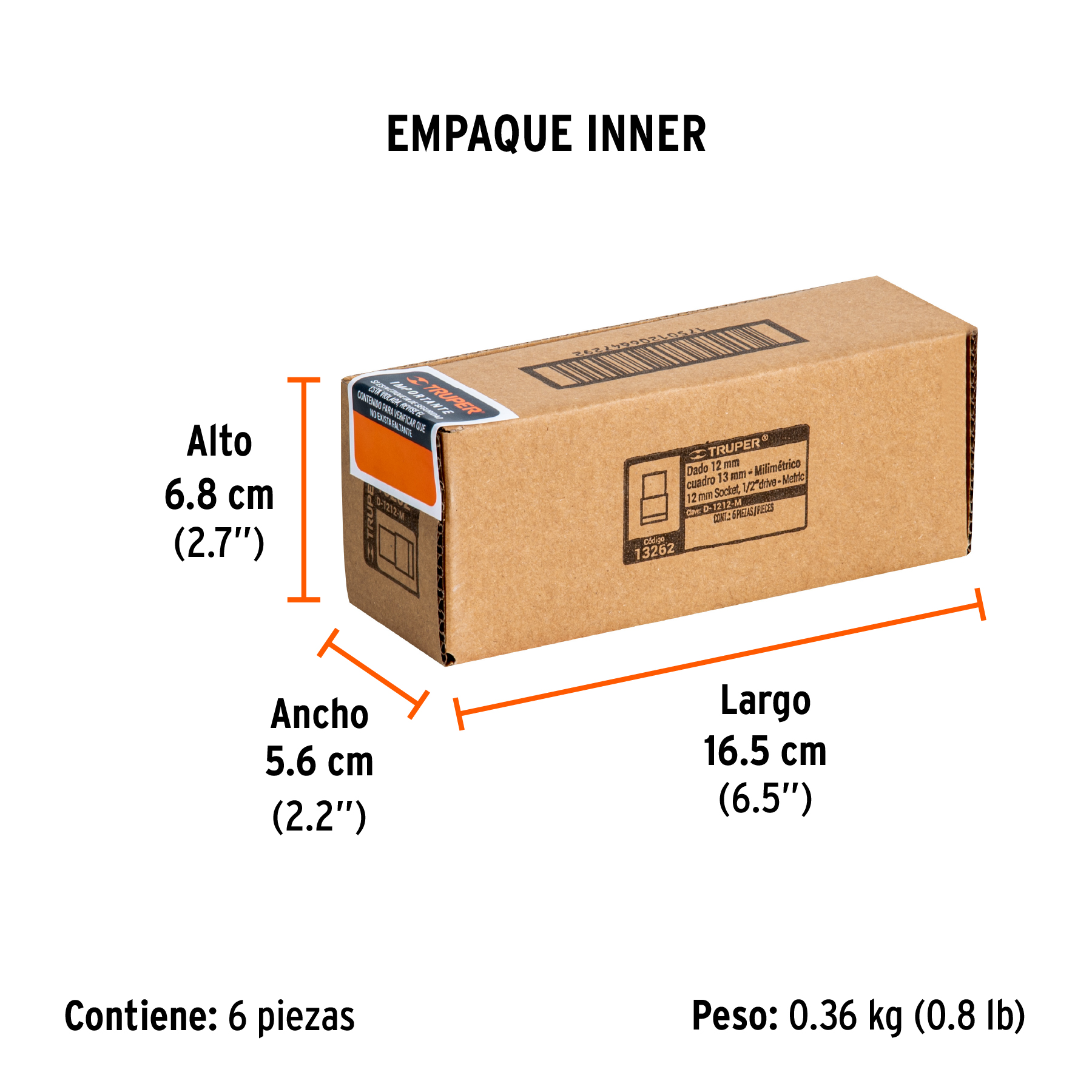 Dado de 12 mm, 6 puntas, cuadro 1/2", TRUPER TRUPER