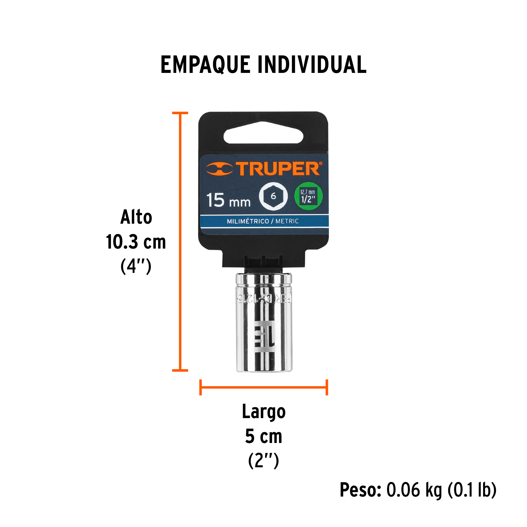 Dado de 15 mm, 6 puntas, cuadro 1/2", TRUPER TRUPER