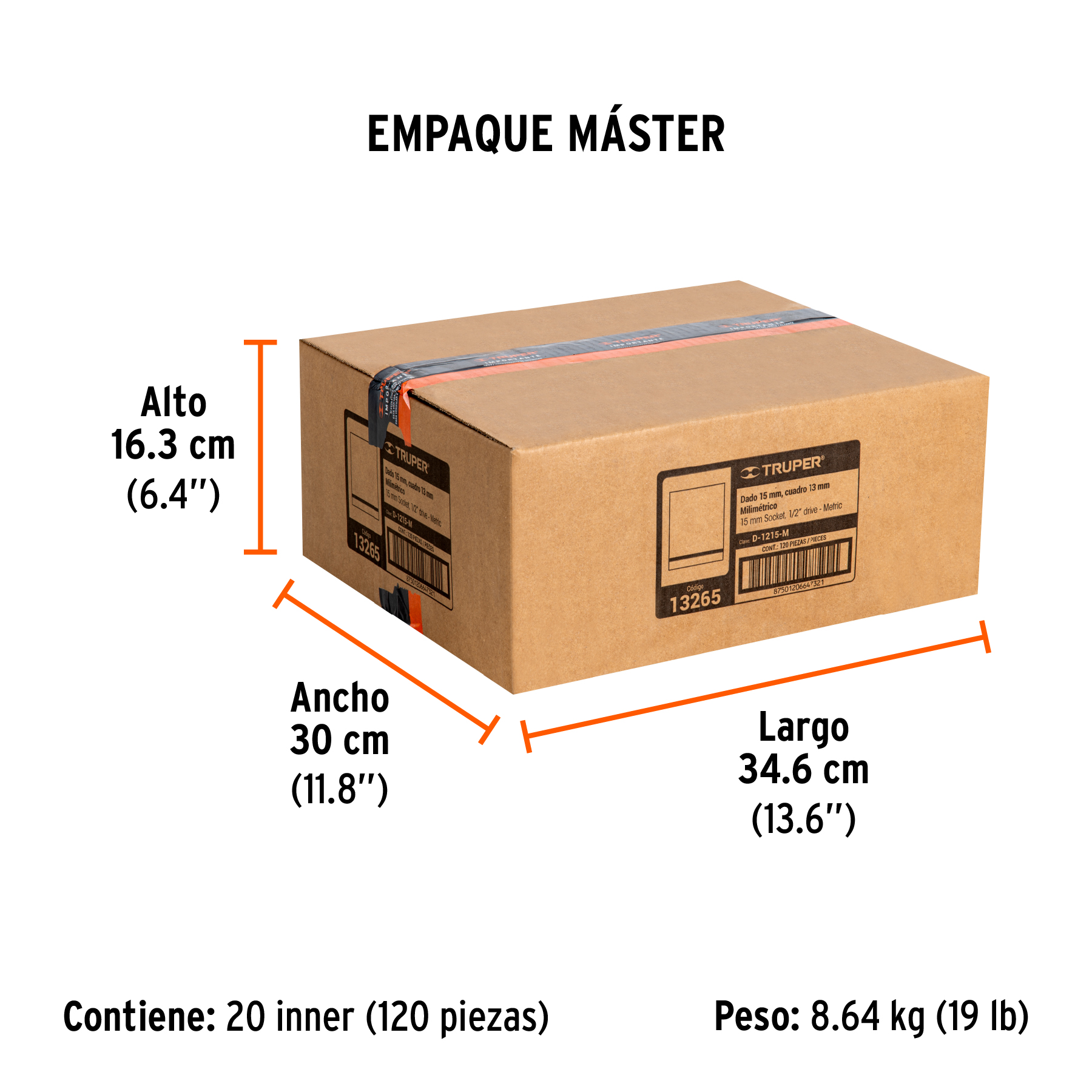 Dado de 15 mm, 6 puntas, cuadro 1/2", TRUPER TRUPER