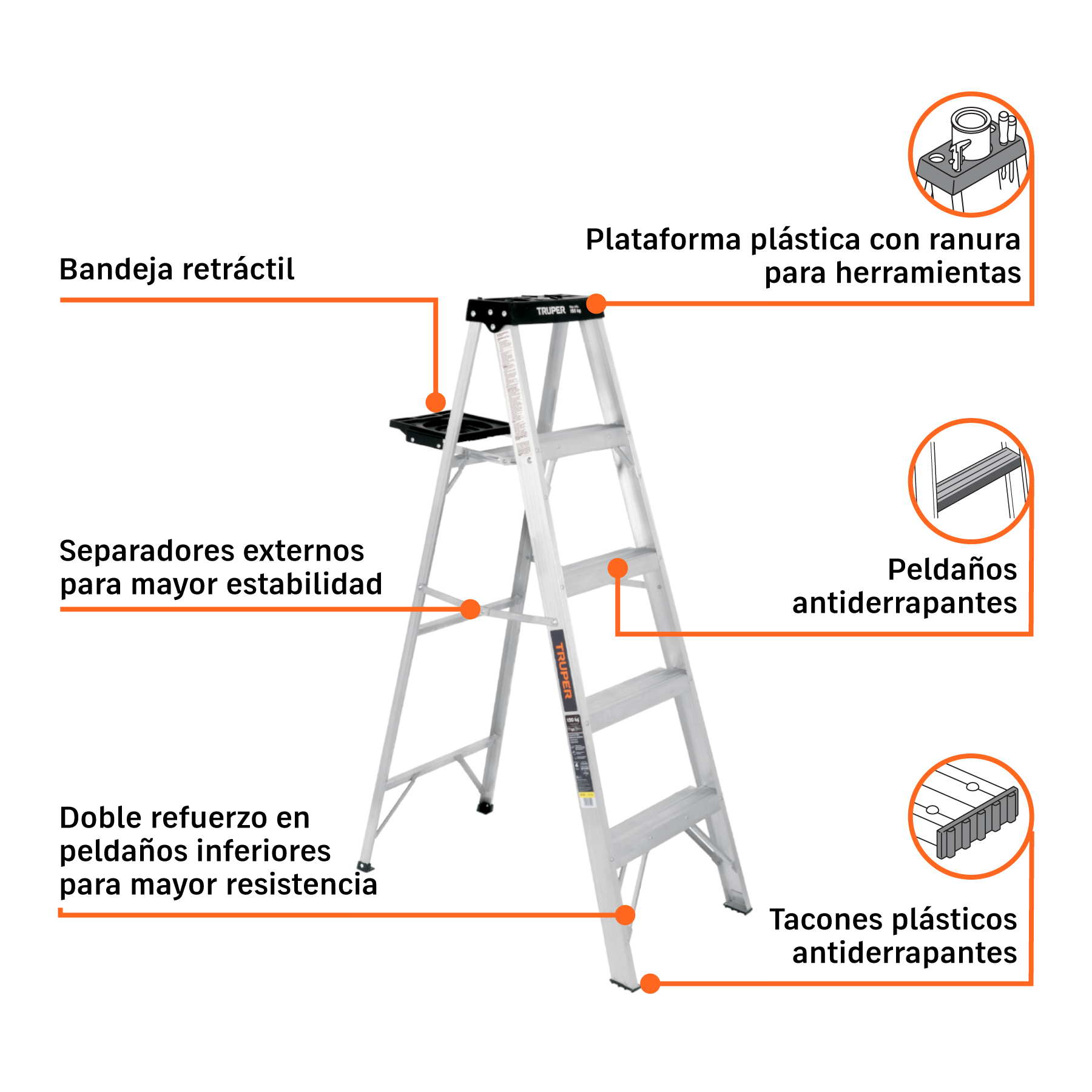 Escalera de tijera, tipo III, 4 peldaños y bandeja, TRUPER TRUPER