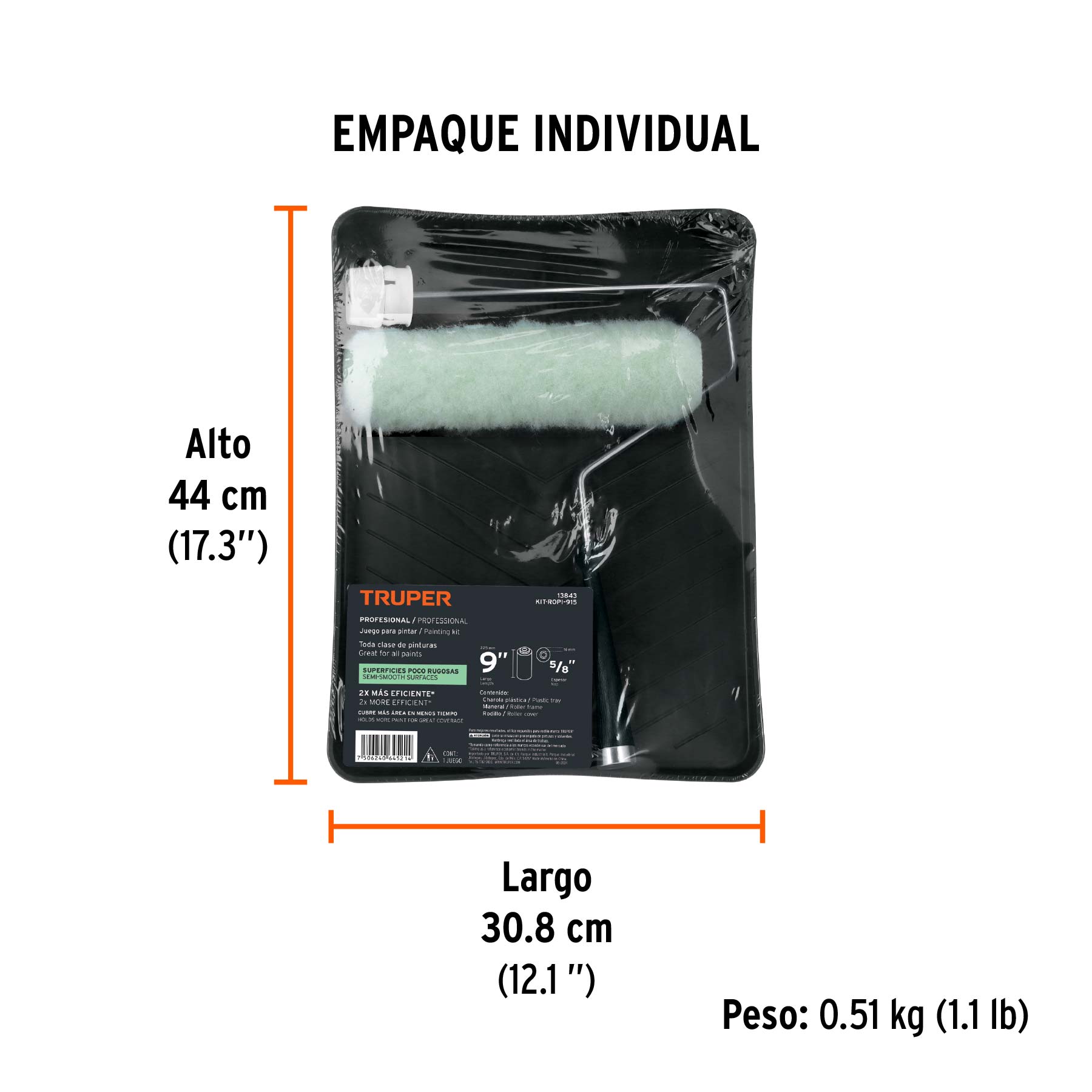 Kit de rodillo para pintar, 9" (maneral, charola y felpa) TRUPER