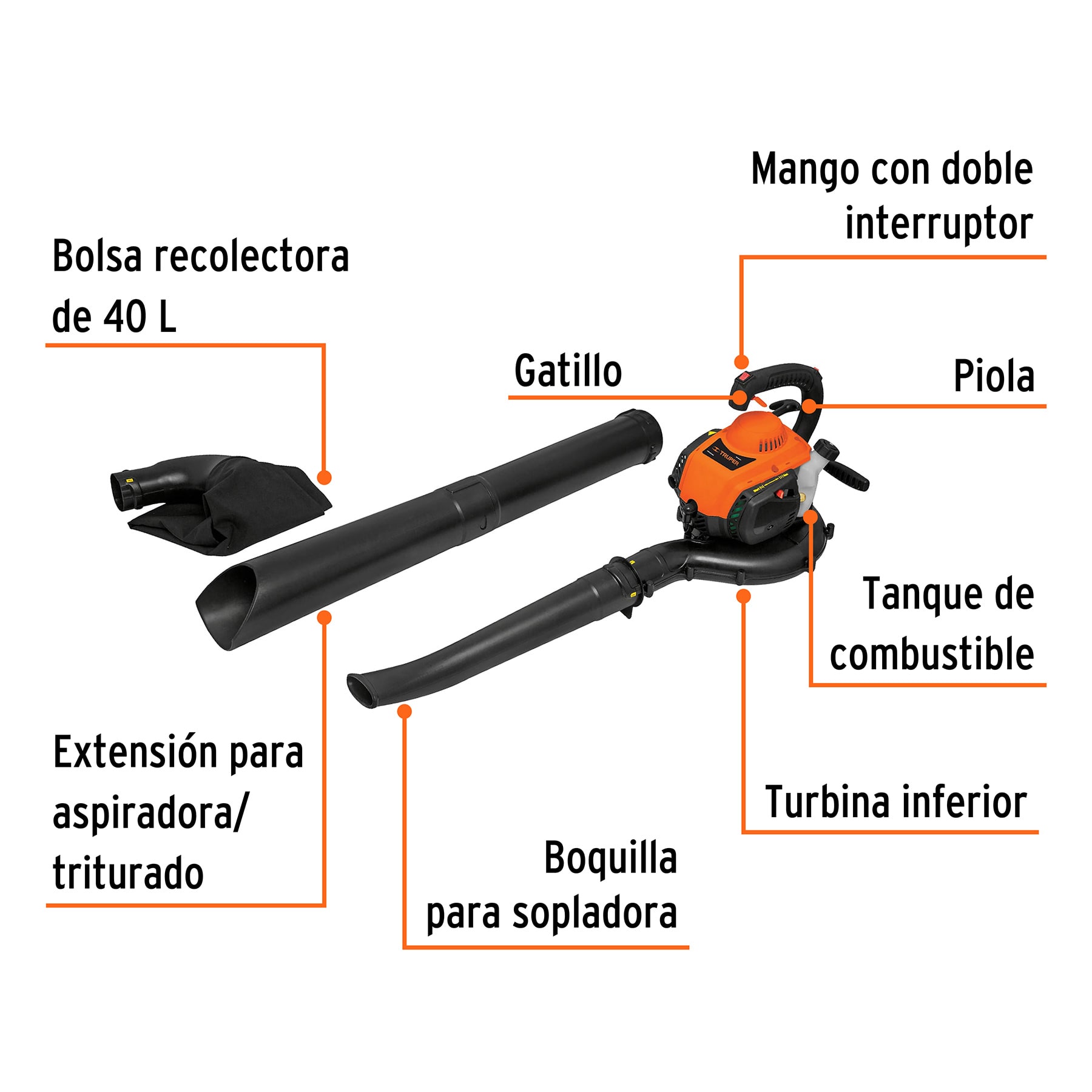 Sopladora / Aspiradora con motor de 26 cc a gasolina, TRUPER TRUPER