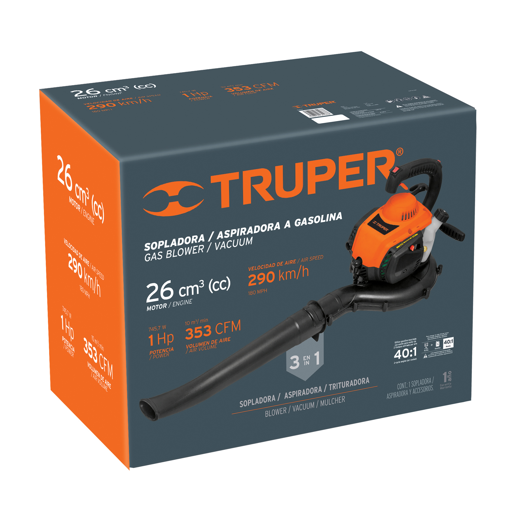 Sopladora / Aspiradora con motor de 26 cc a gasolina, TRUPER TRUPER