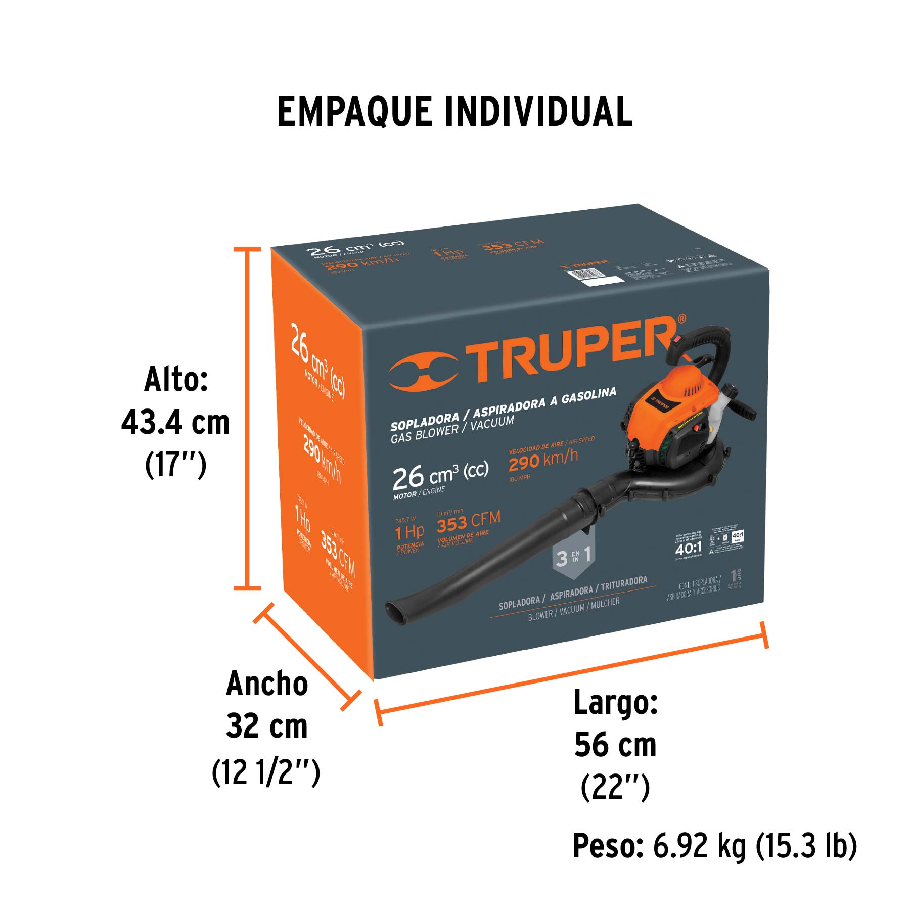 Sopladora / Aspiradora con motor de 26 cc a gasolina, TRUPER TRUPER
