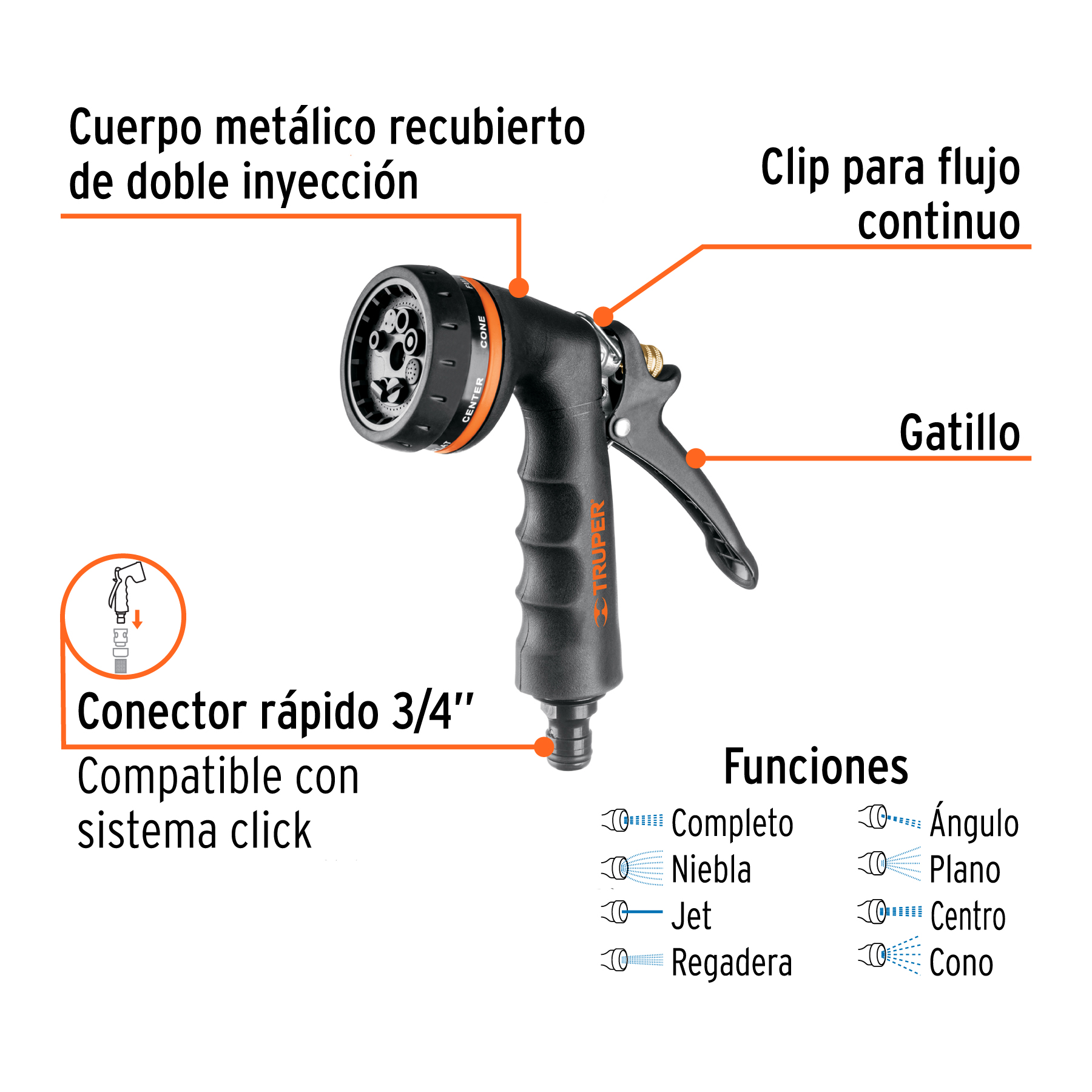 Pistola para riego de 8 funciones metálica con recubrimiento TRUPER