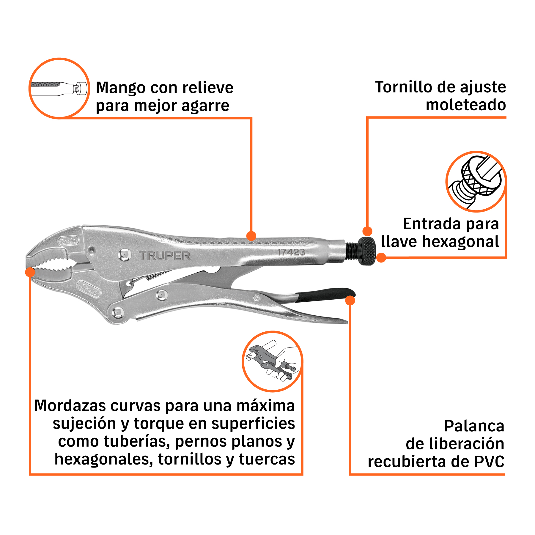 Pinza de presión 10" mordaza curva, TRUPER TRUPER
