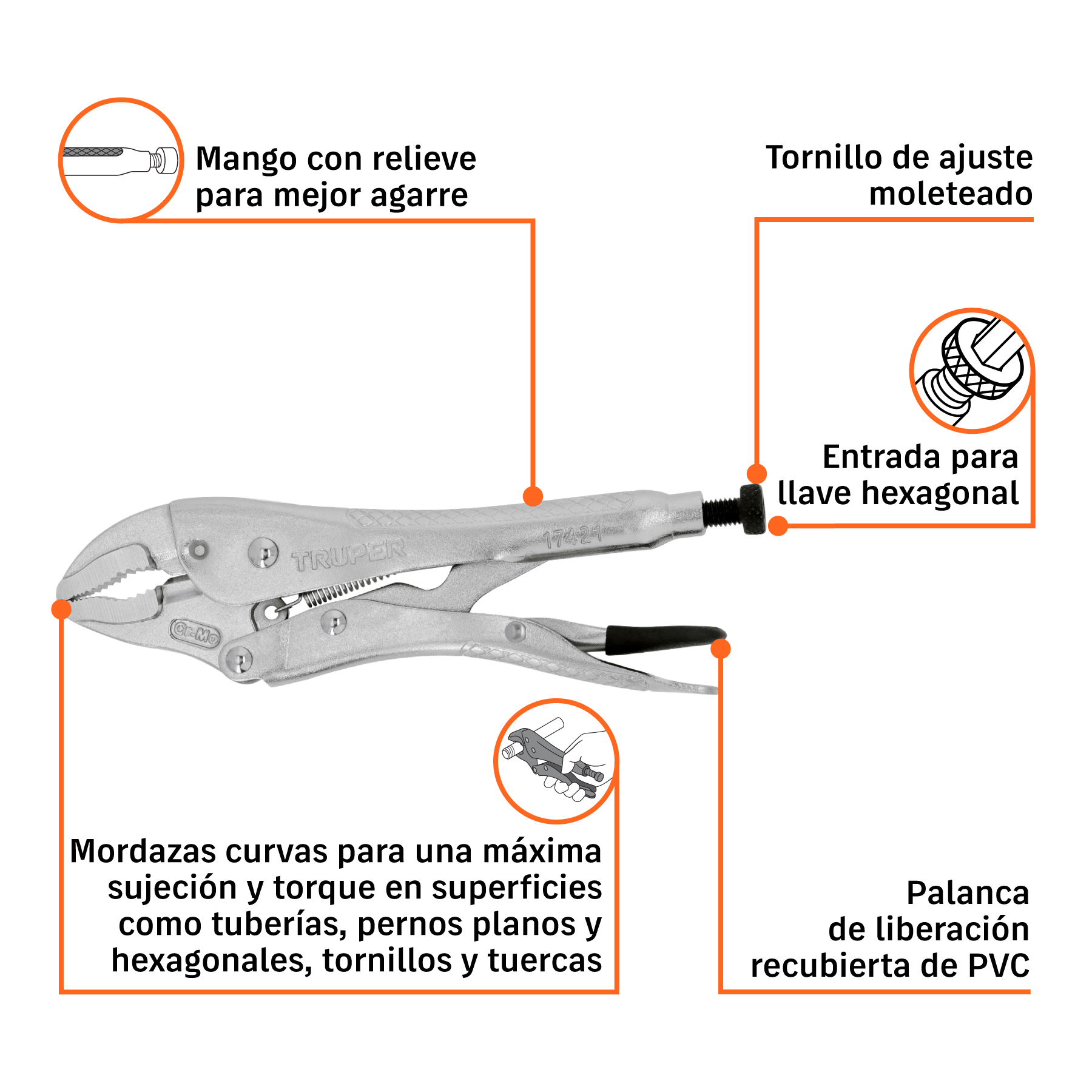 Pinza de presión 7" mordaza curva, TRUPER TRUPER