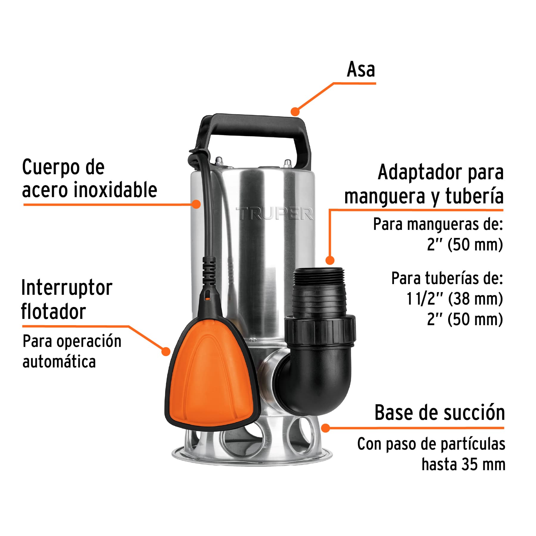 Bomba sumergible acero inoxidable, agua sucia, 1 HP, TRUPER TRUPER