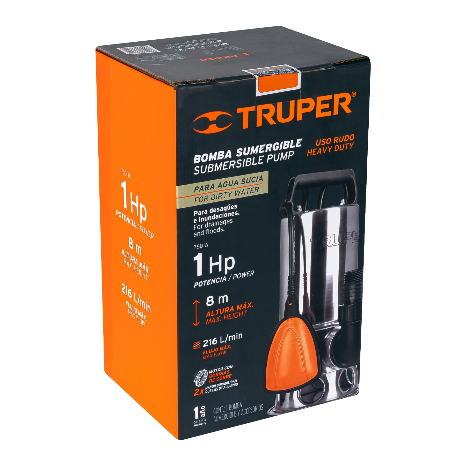 Bomba sumergible acero inoxidable, agua sucia, 1 HP, TRUPER TRUPER