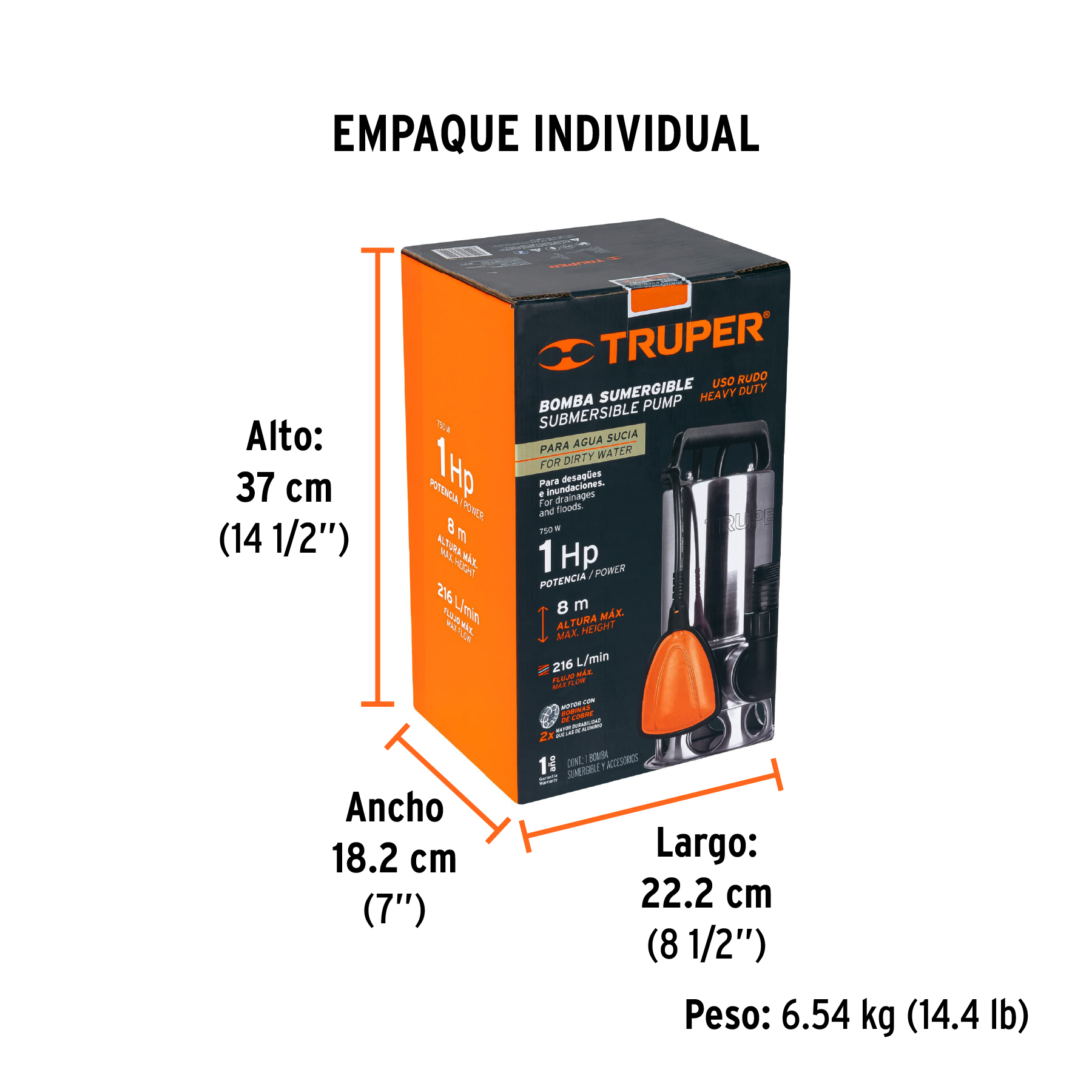 Bomba sumergible acero inoxidable, agua sucia, 1 HP, TRUPER TRUPER