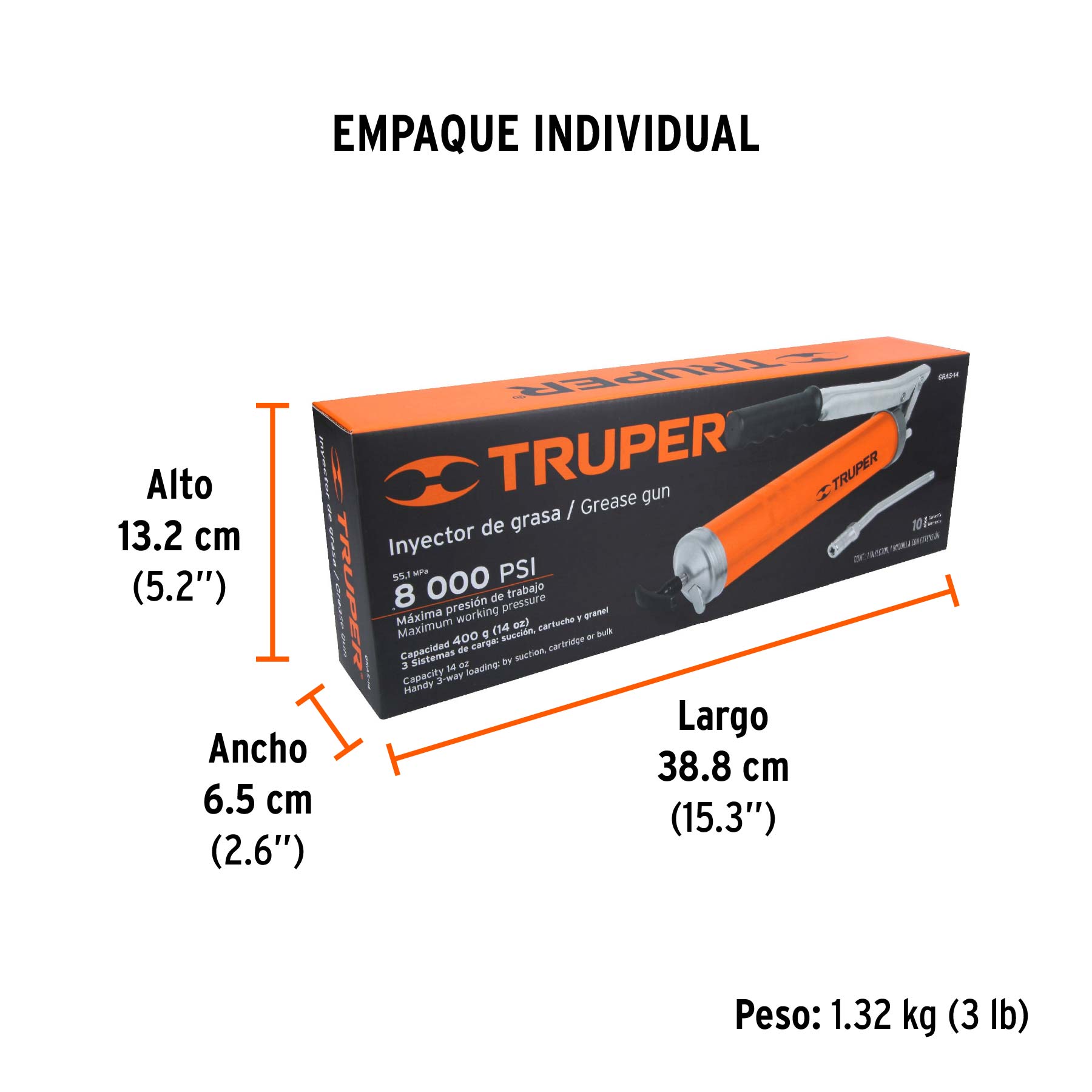 Inyectora de grasa 14 oz, 8000 PSI con grip antiderrapante TRUPER