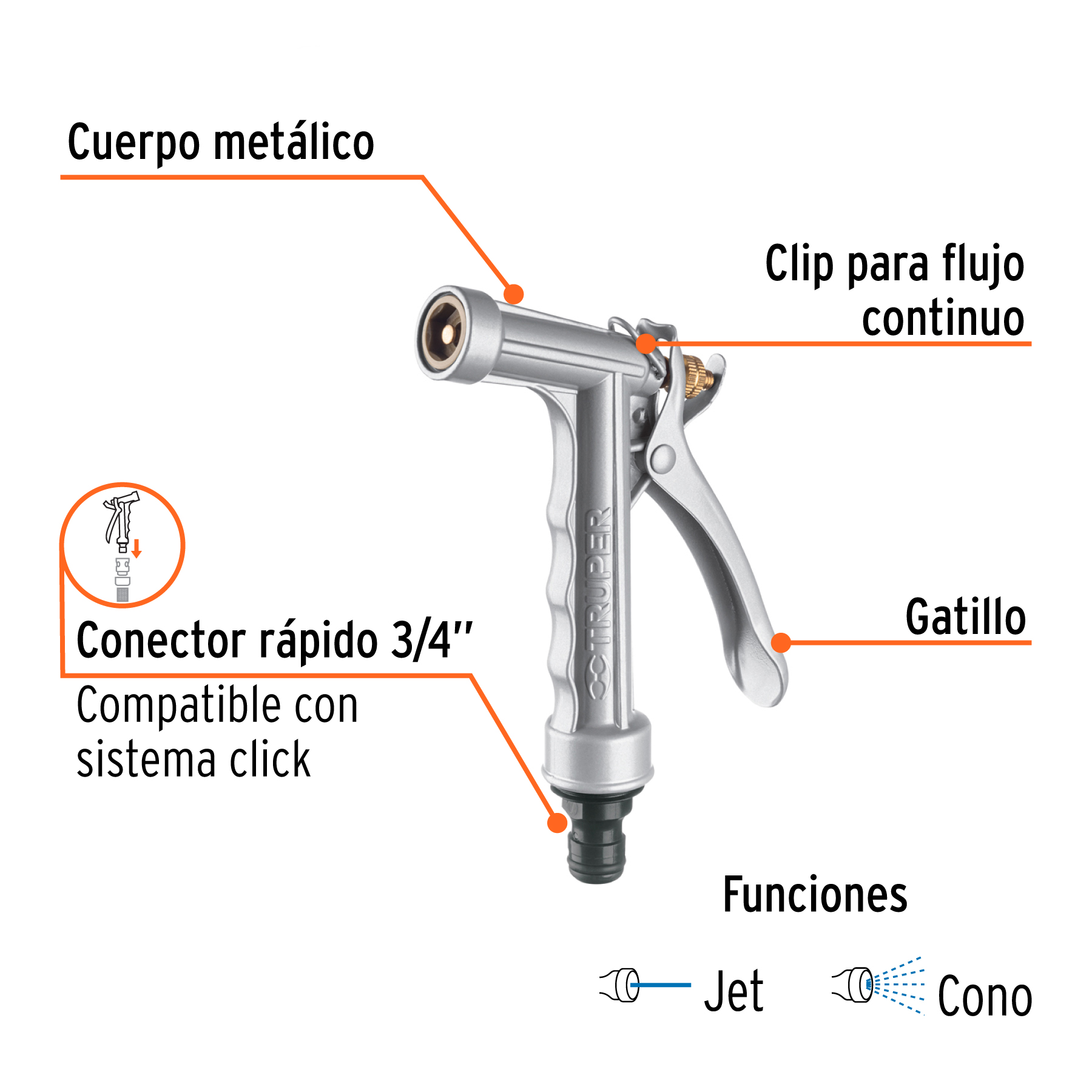 Pistola metálica para riego, 2 funciones, TRUPER TRUPER