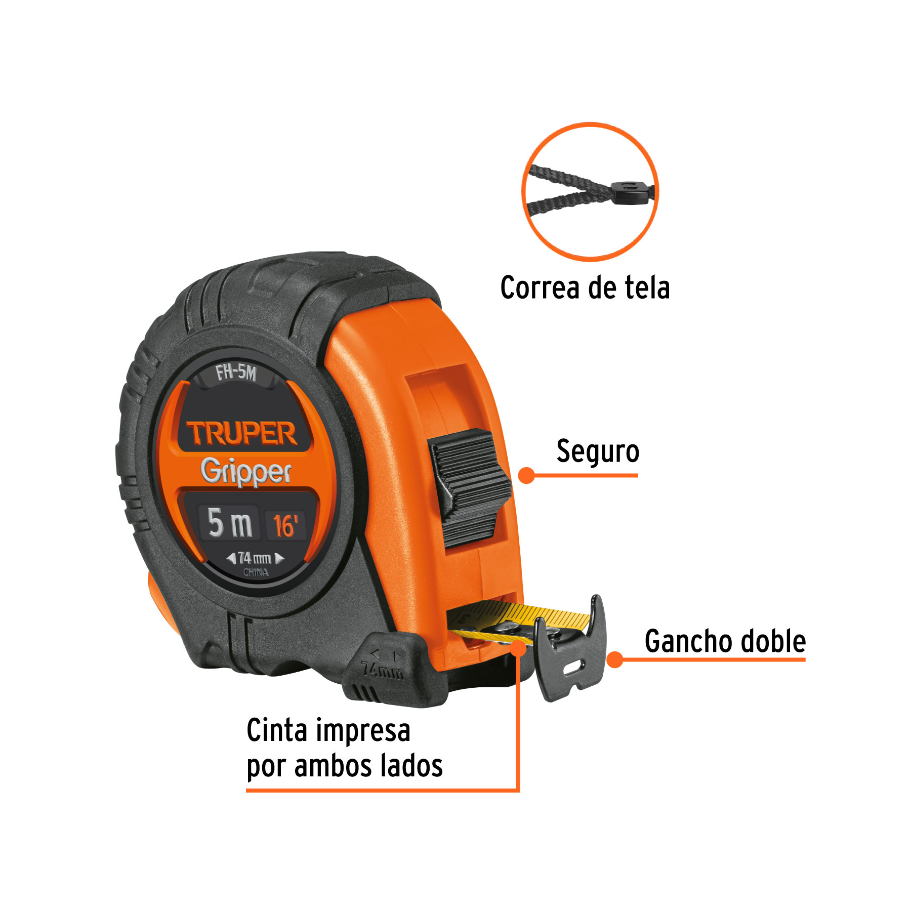 Flexómetro Gripper contra impactos 5 m cinta 19 mm, TRUPER TRUPER