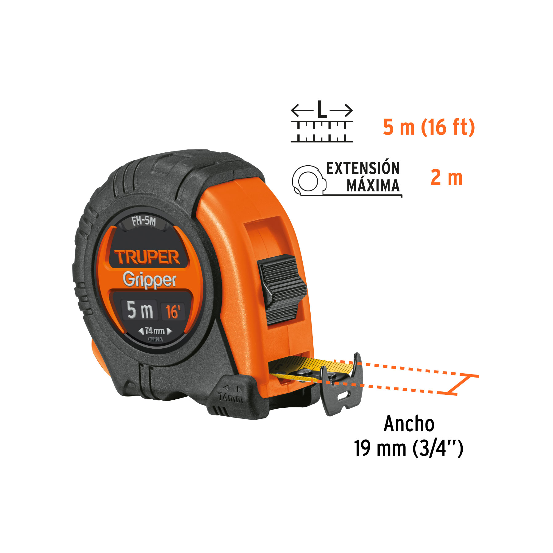 Flexómetro Gripper contra impactos 5 m cinta 19 mm, TRUPER TRUPER