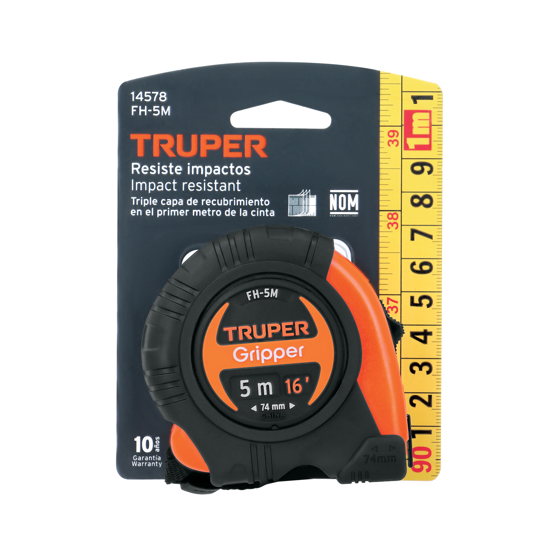 Flexómetro Gripper contra impactos 5 m cinta 19 mm, TRUPER TRUPER