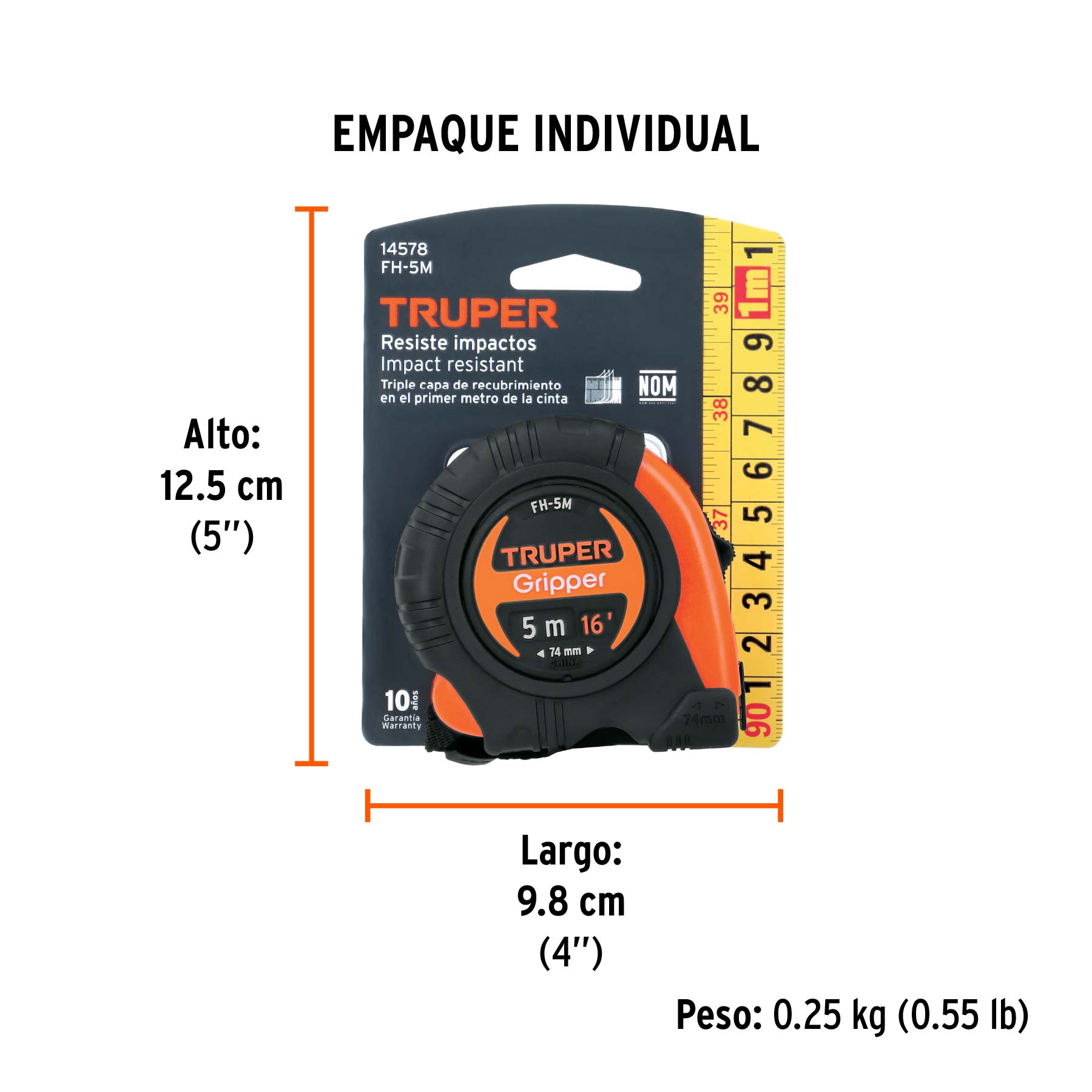 Flexómetro Gripper contra impactos 5 m cinta 19 mm, TRUPER TRUPER