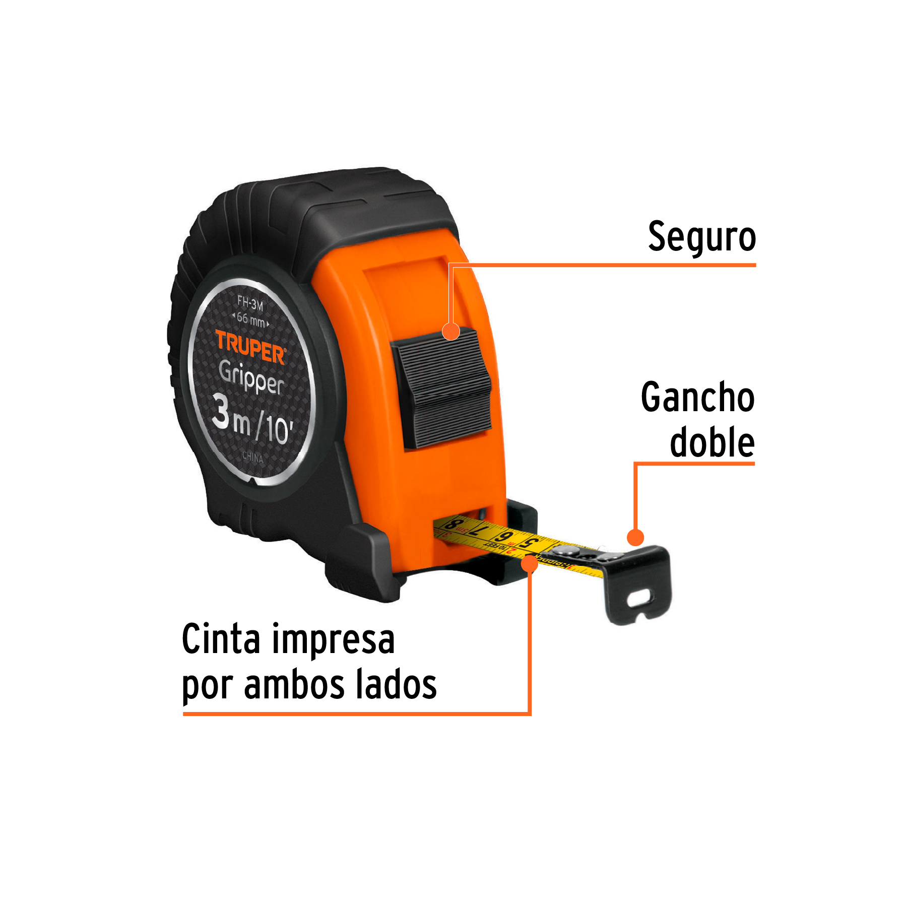 Flexómetro Gripper contra impactos 3 m cinta 13 mm, TRUPER TRUPER