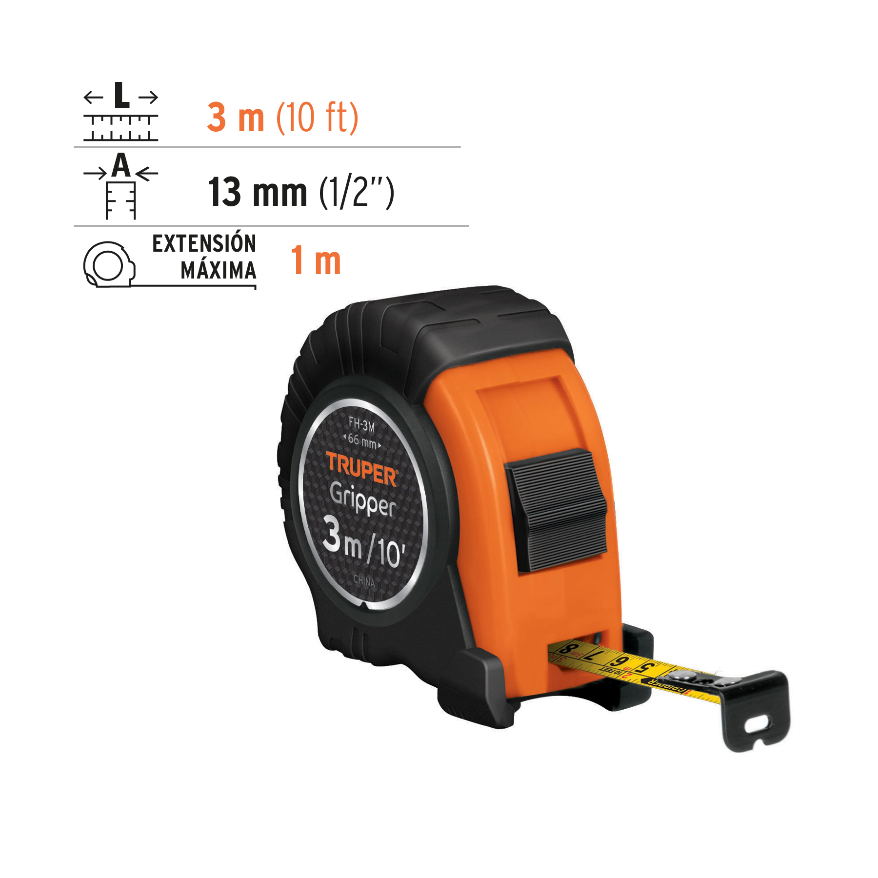 Flexómetro Gripper contra impactos 3 m cinta 13 mm, TRUPER TRUPER