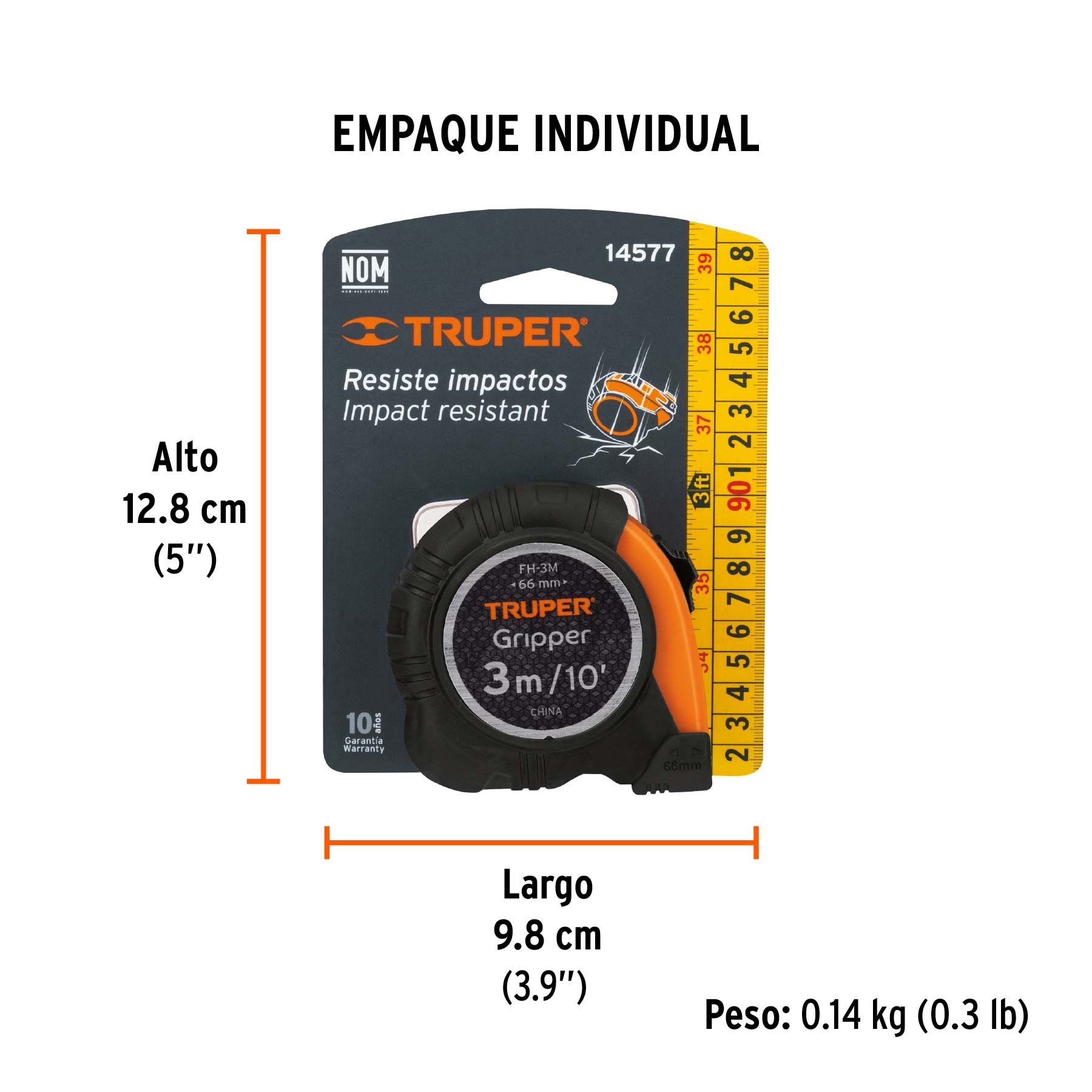 Flexómetro Gripper contra impactos 3 m cinta 13 mm, TRUPER TRUPER