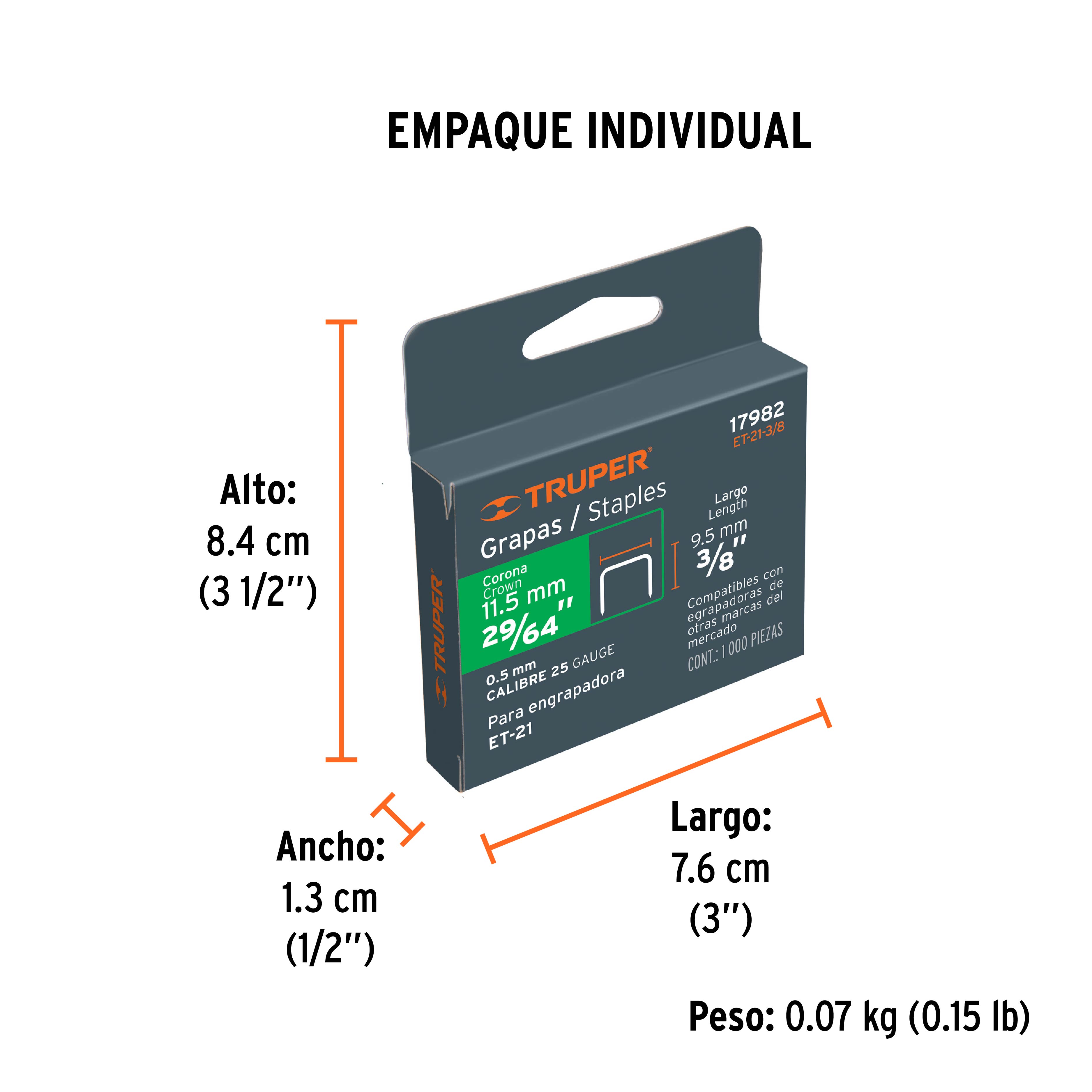 1000 grapas 3/8" corona 11.2 mm, para ET-21, TRUPER TRUPER