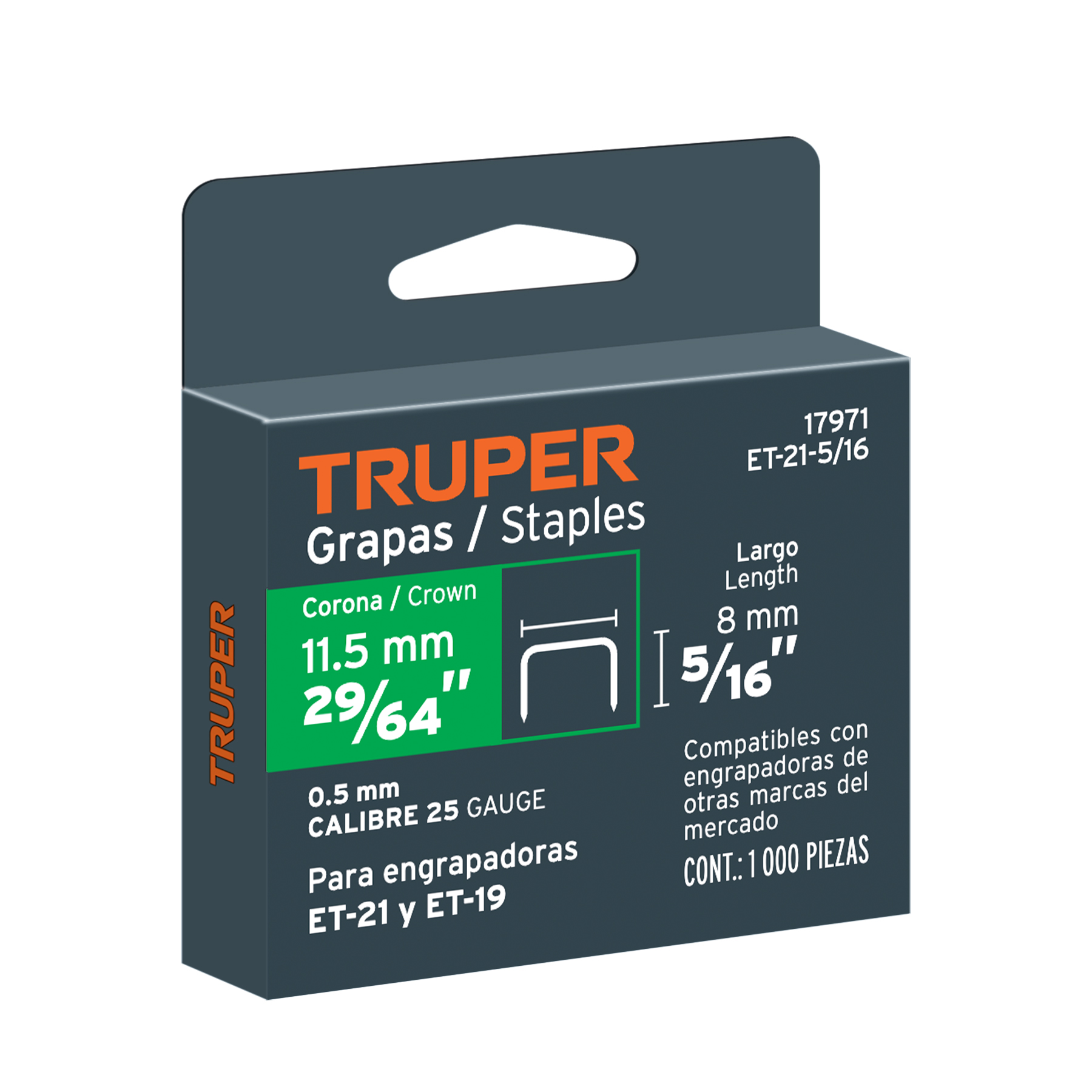 1000 grapas 5/16" corona 11.2 mm, para ET-21 y ET-19, TRUPER TRUPER