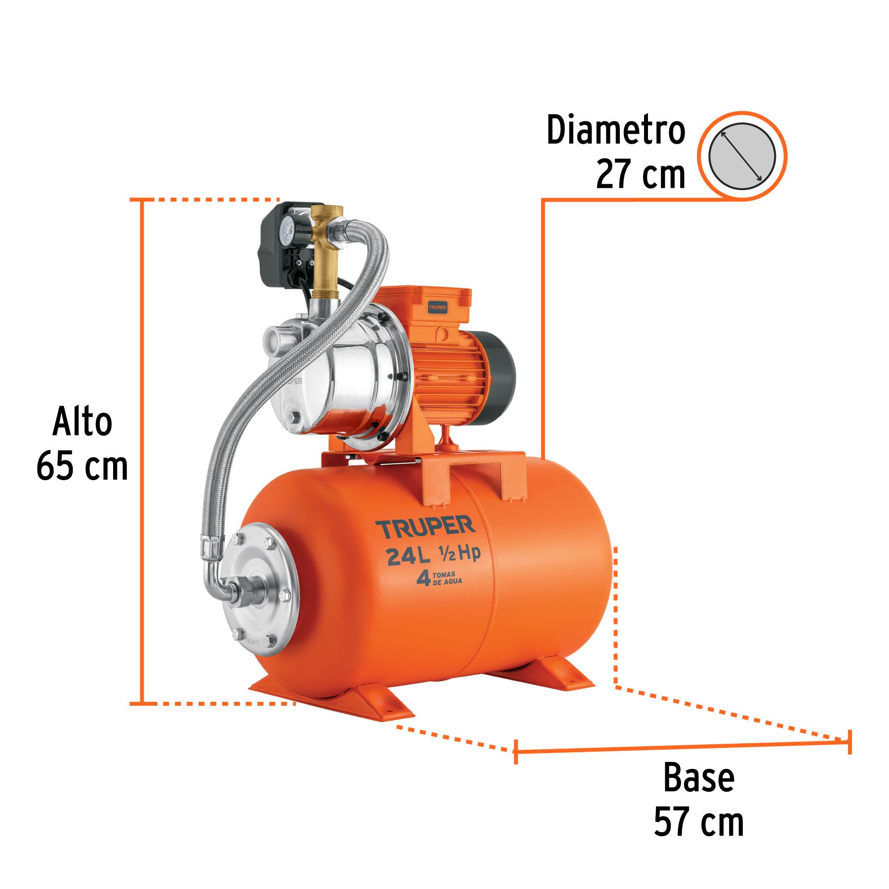 Equipo hidroneumático 24L, jet inoxidable 1/2 HP, TRUPER TRUPER