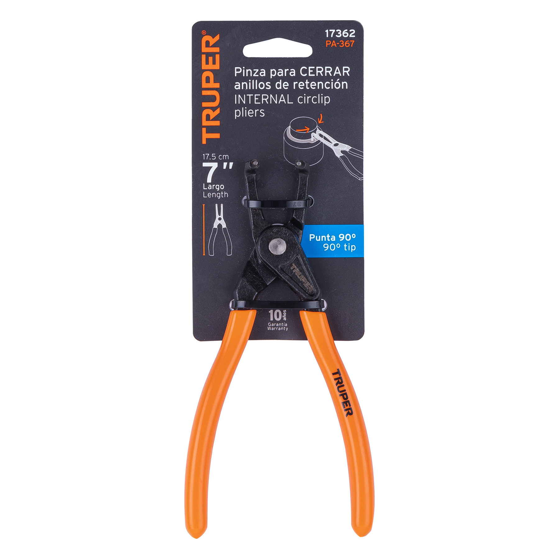 Pinza para cerrar anillos de retención 7", punta 90°, TRUPER TRUPER