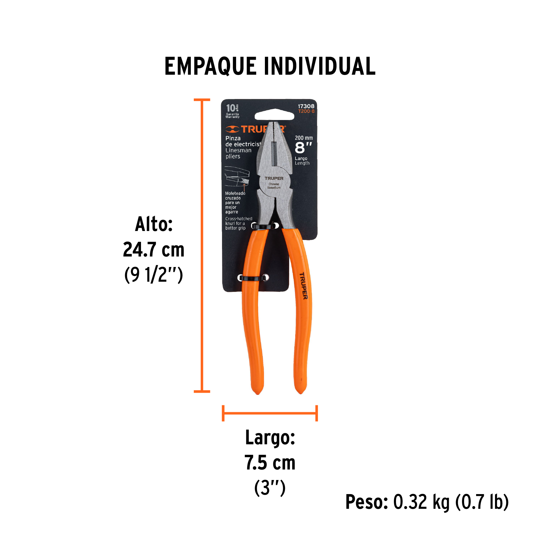 Pinza para electricista 8" mango de PVC, TRUPER TRUPER