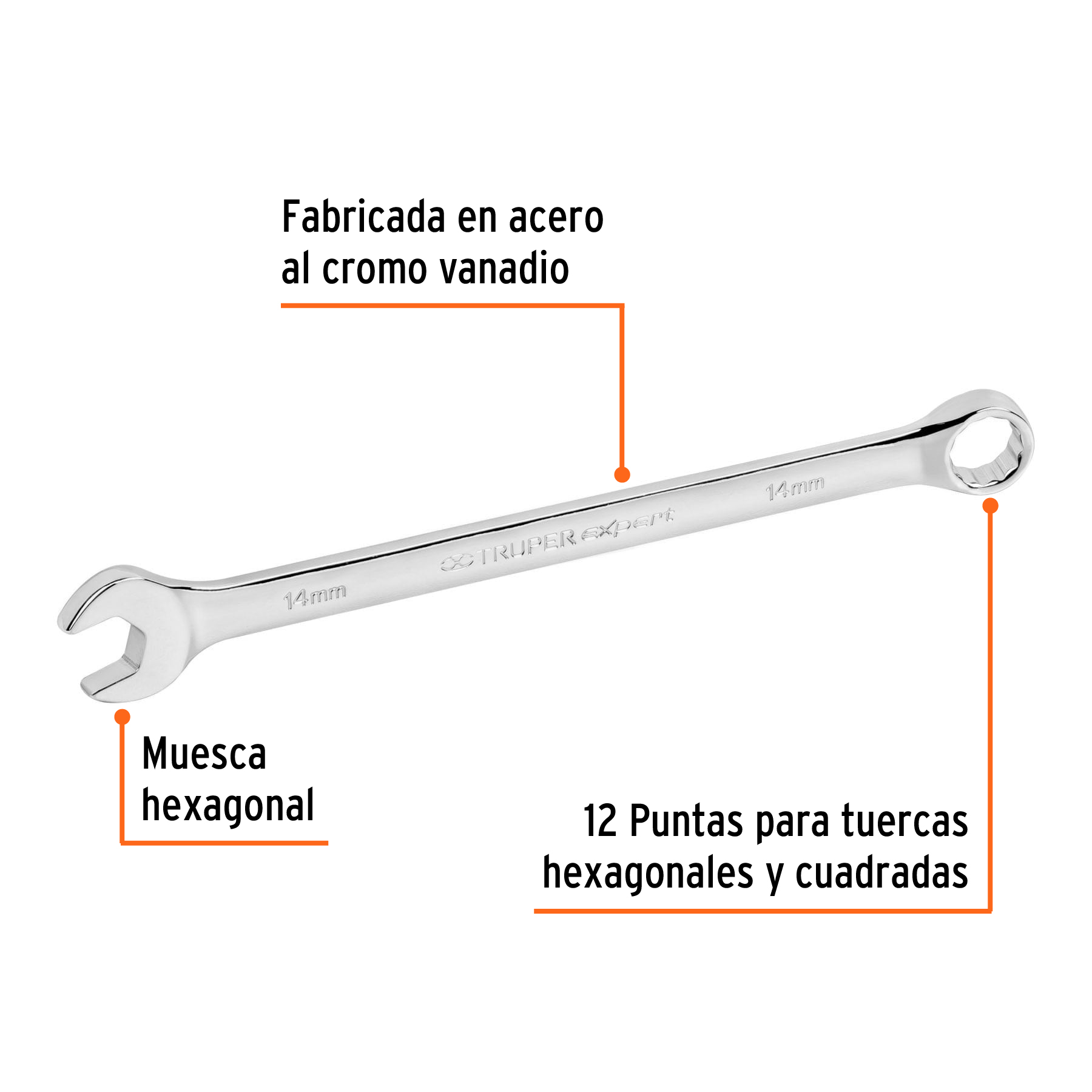 Llave combinada extralarga 14 mm x 220 mm de largo, EXPERT TRUPER