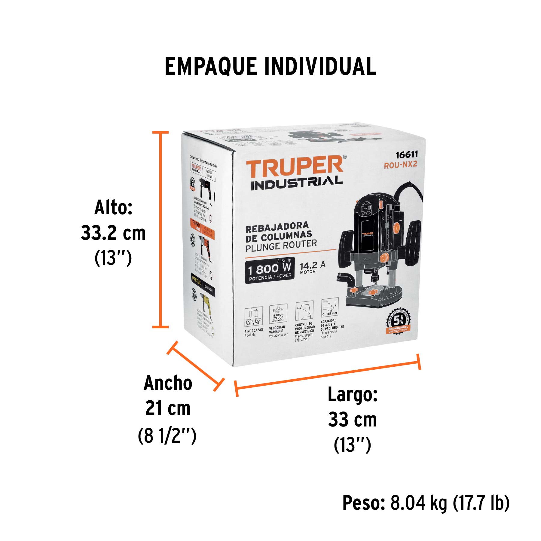 Router (Rebajadora) 1800W, 2-1/2 HP, TRUPER INDUSTRIAL TRUPER