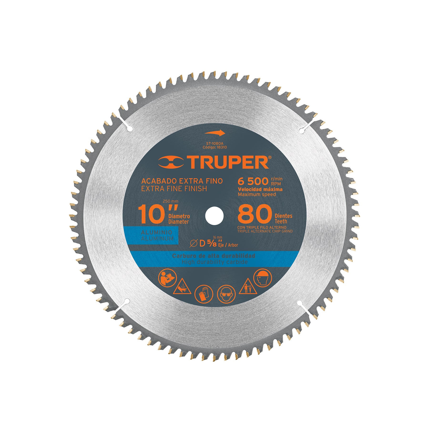 Disco sierra 10" para aluminio, 80 dientes centro 5/8" TRUPER