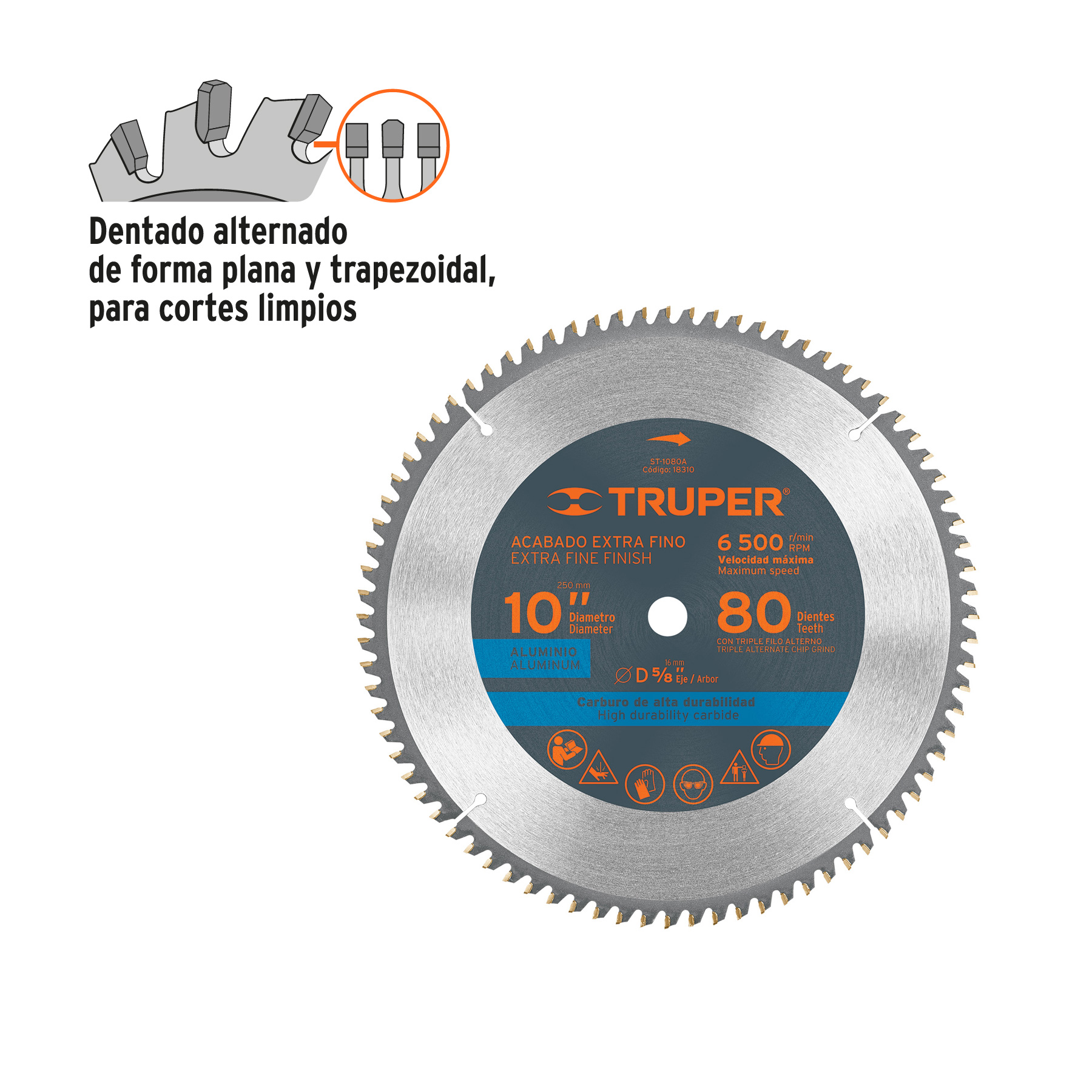 Disco sierra 10" para aluminio, 80 dientes centro 5/8" TRUPER