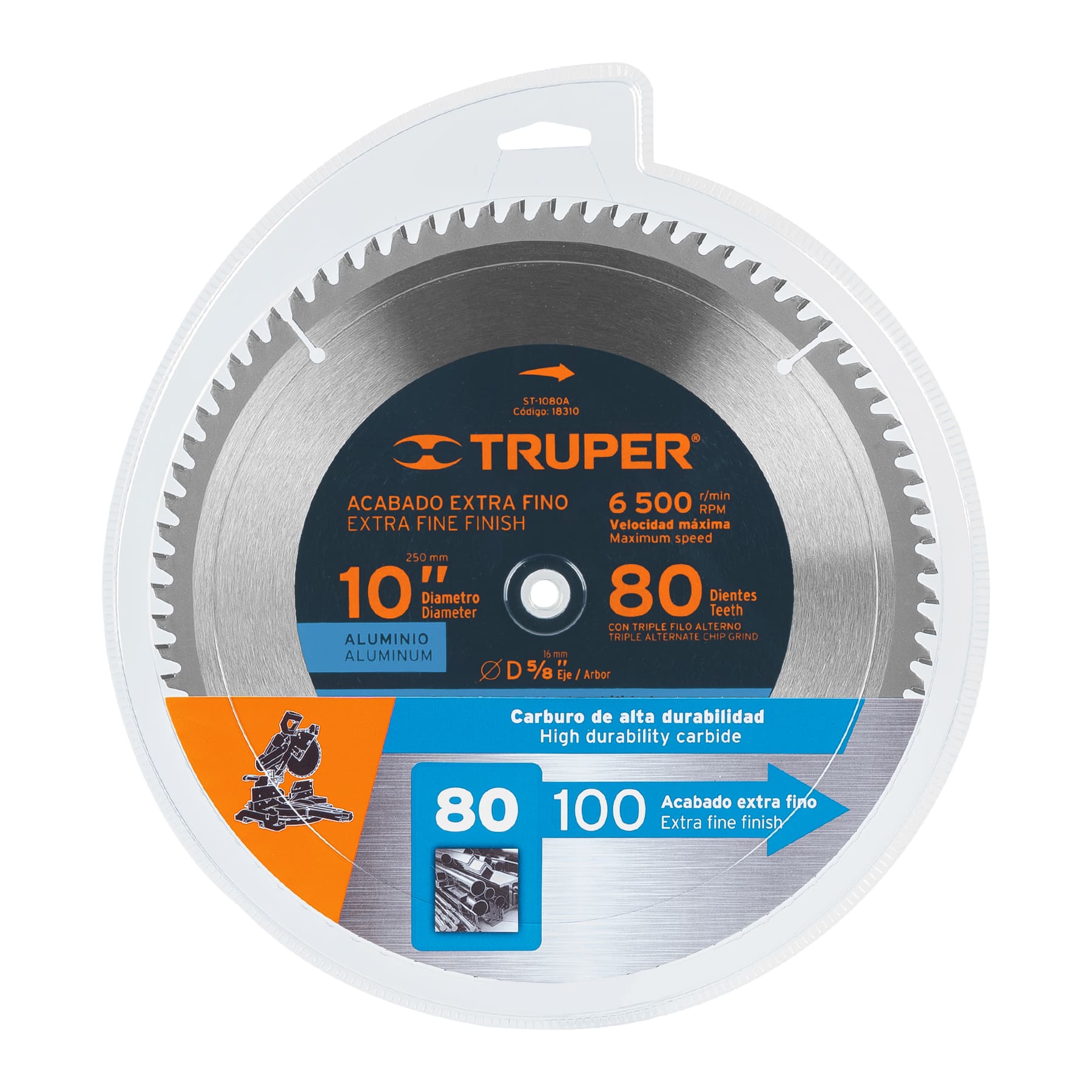 Disco sierra 10" para aluminio, 80 dientes centro 5/8" TRUPER