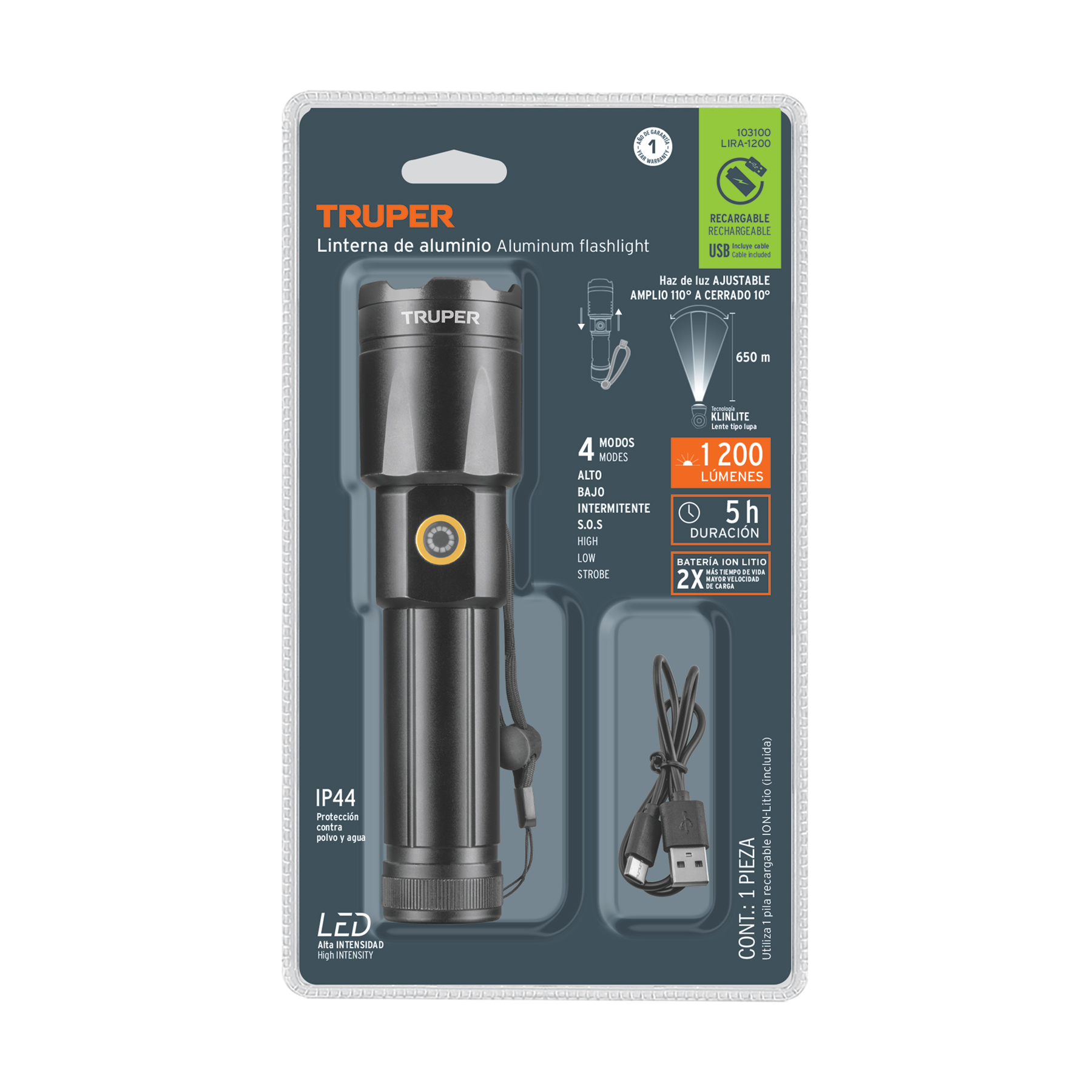 Linterna LED recargable, de aluminio, 1,200 lm, TRUPER TRUPER