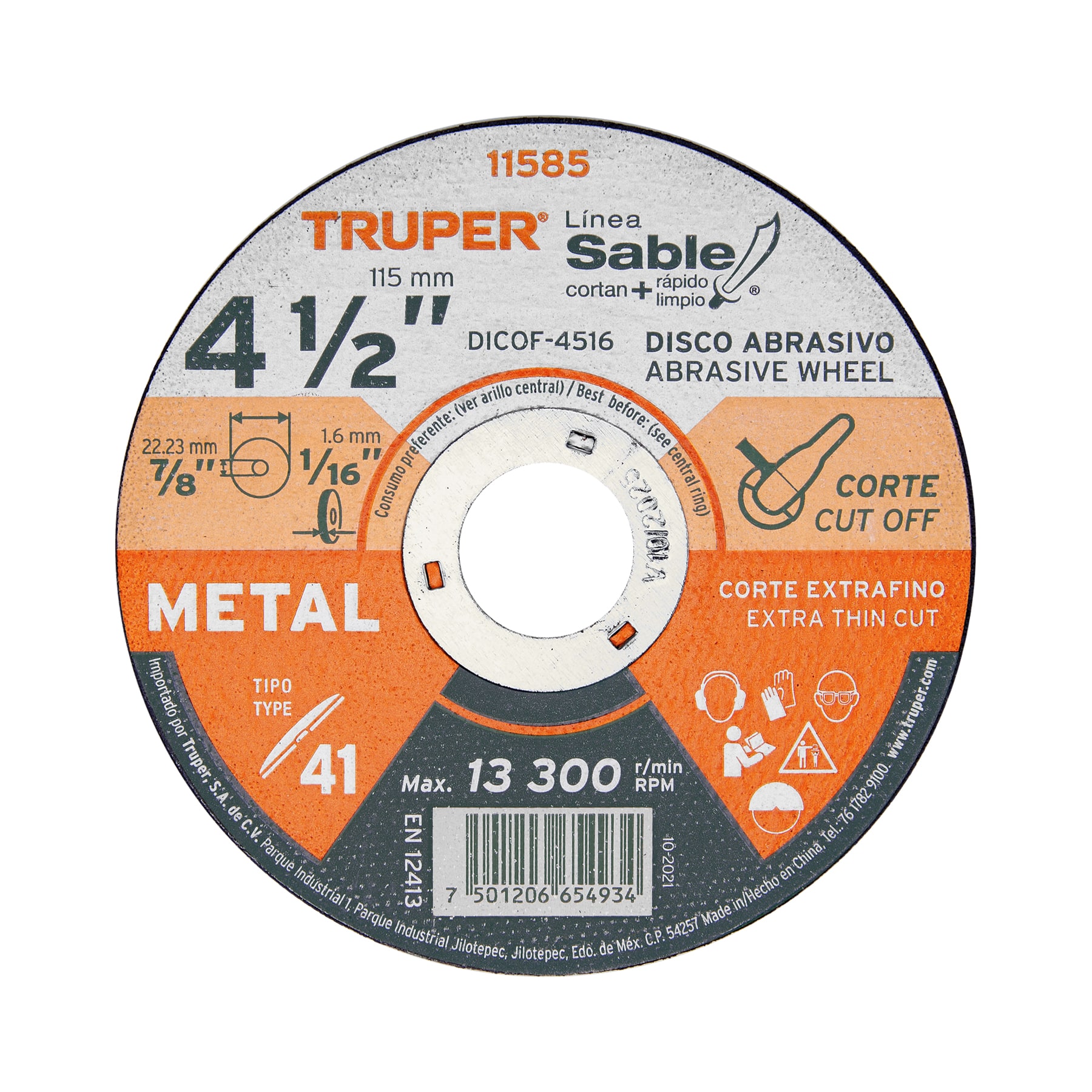 Disco abrasivo de corte preciso metal 4-1/2" x 1.6 mm TRUPER TRUPER