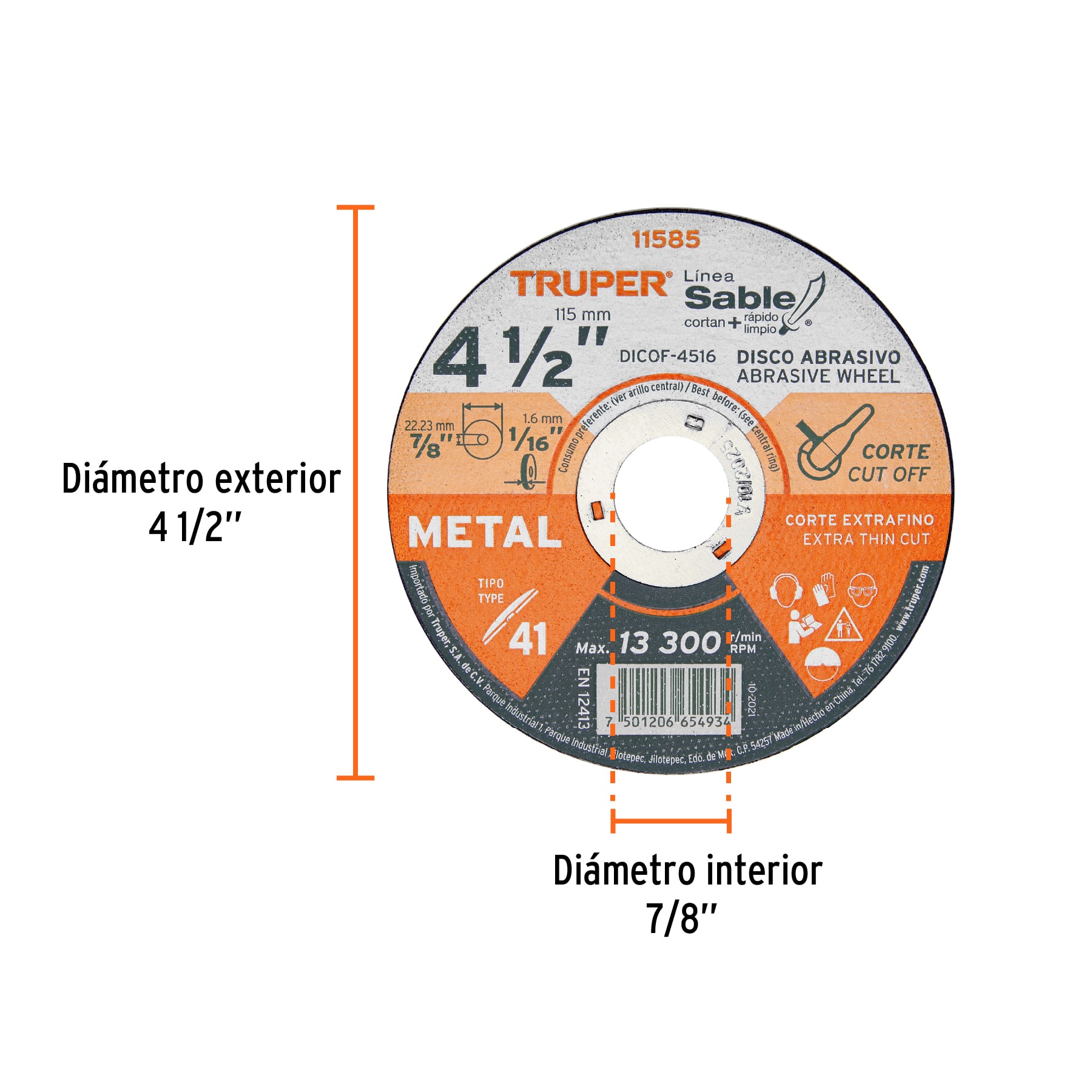 Disco abrasivo de corte preciso metal 4-1/2" x 1.6 mm TRUPER TRUPER