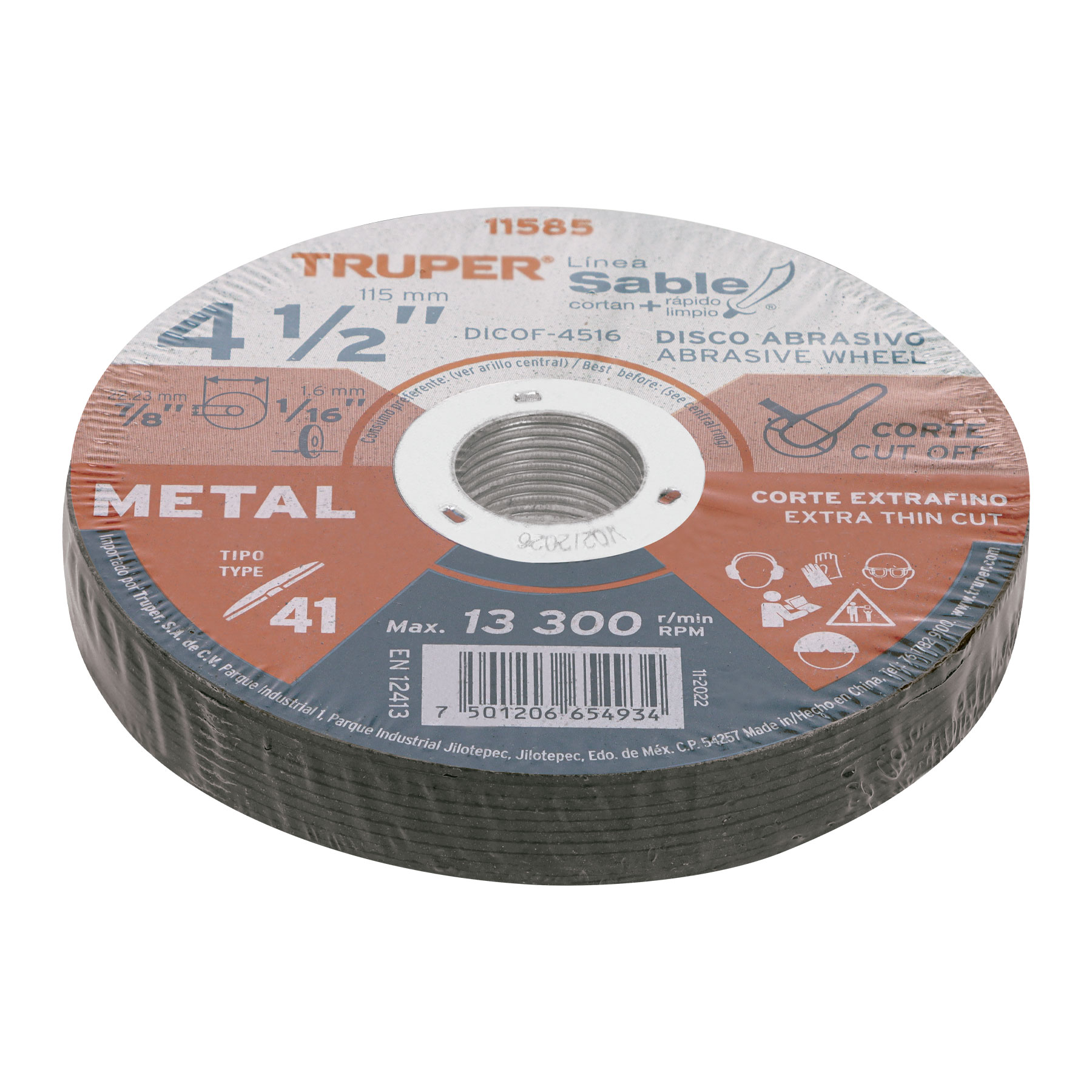 Disco abrasivo de corte preciso metal 4-1/2" x 1.6 mm TRUPER TRUPER