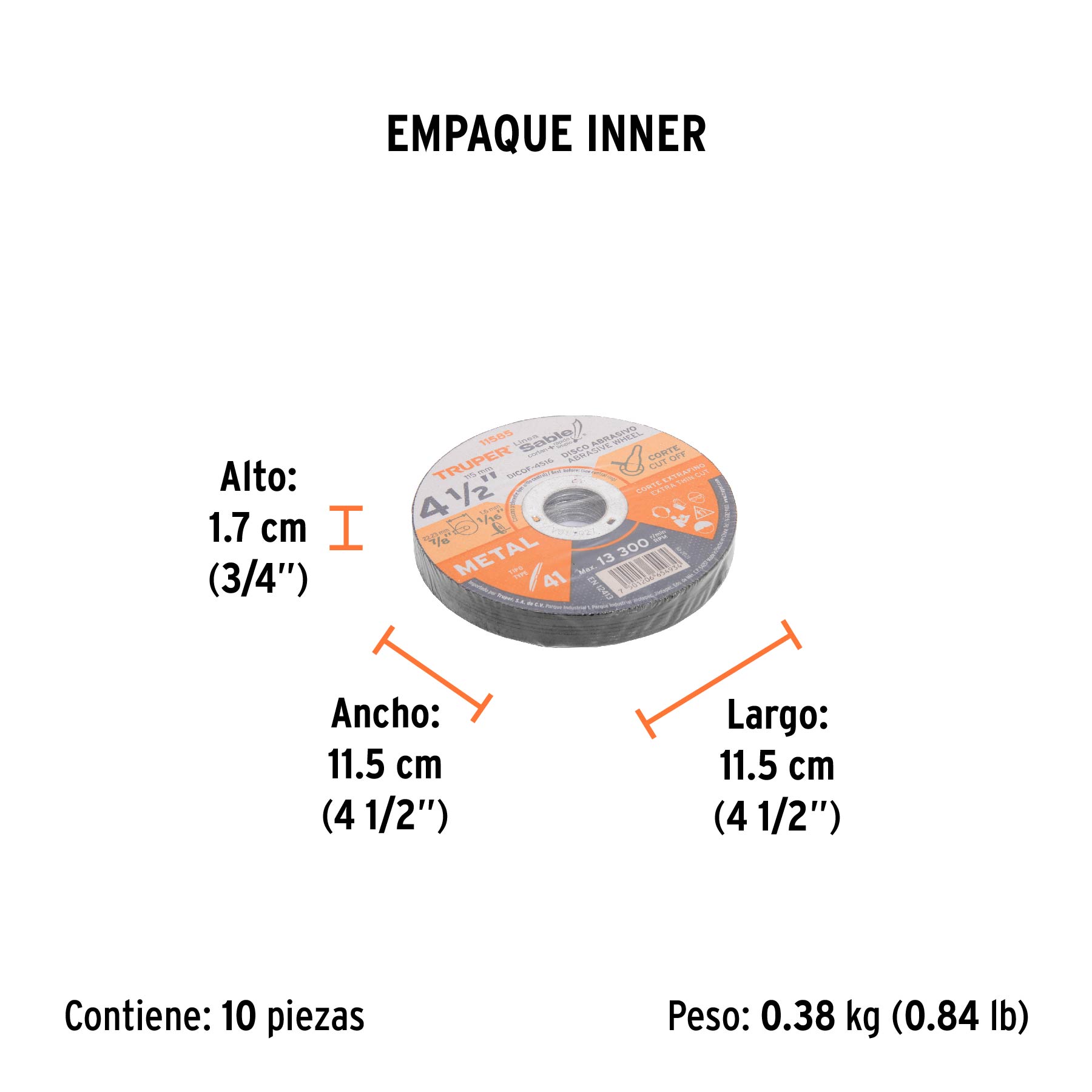 Disco abrasivo de corte preciso metal 4-1/2" x 1.6 mm TRUPER TRUPER