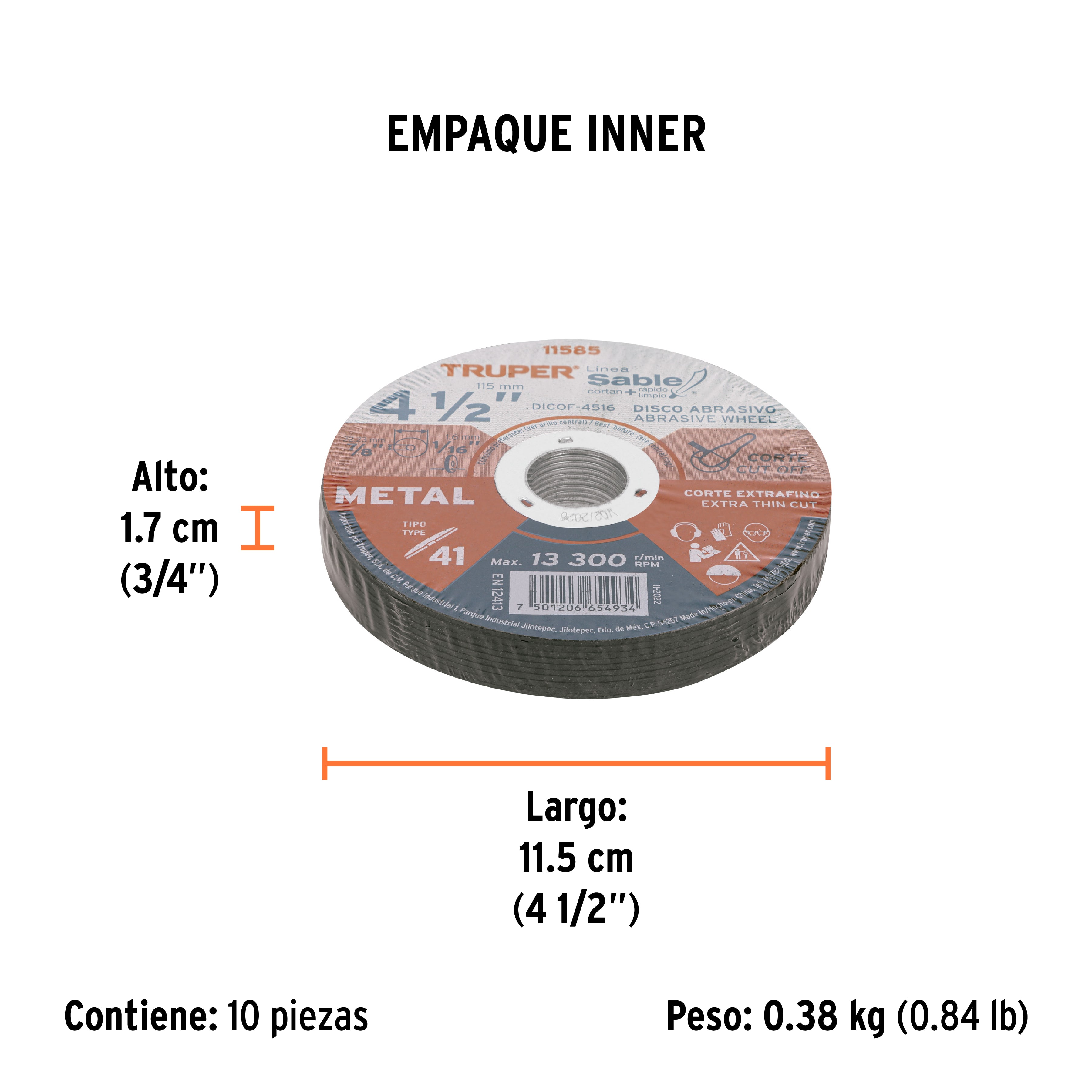 Disco abrasivo de corte preciso metal 4-1/2" x 1.6 mm TRUPER TRUPER
