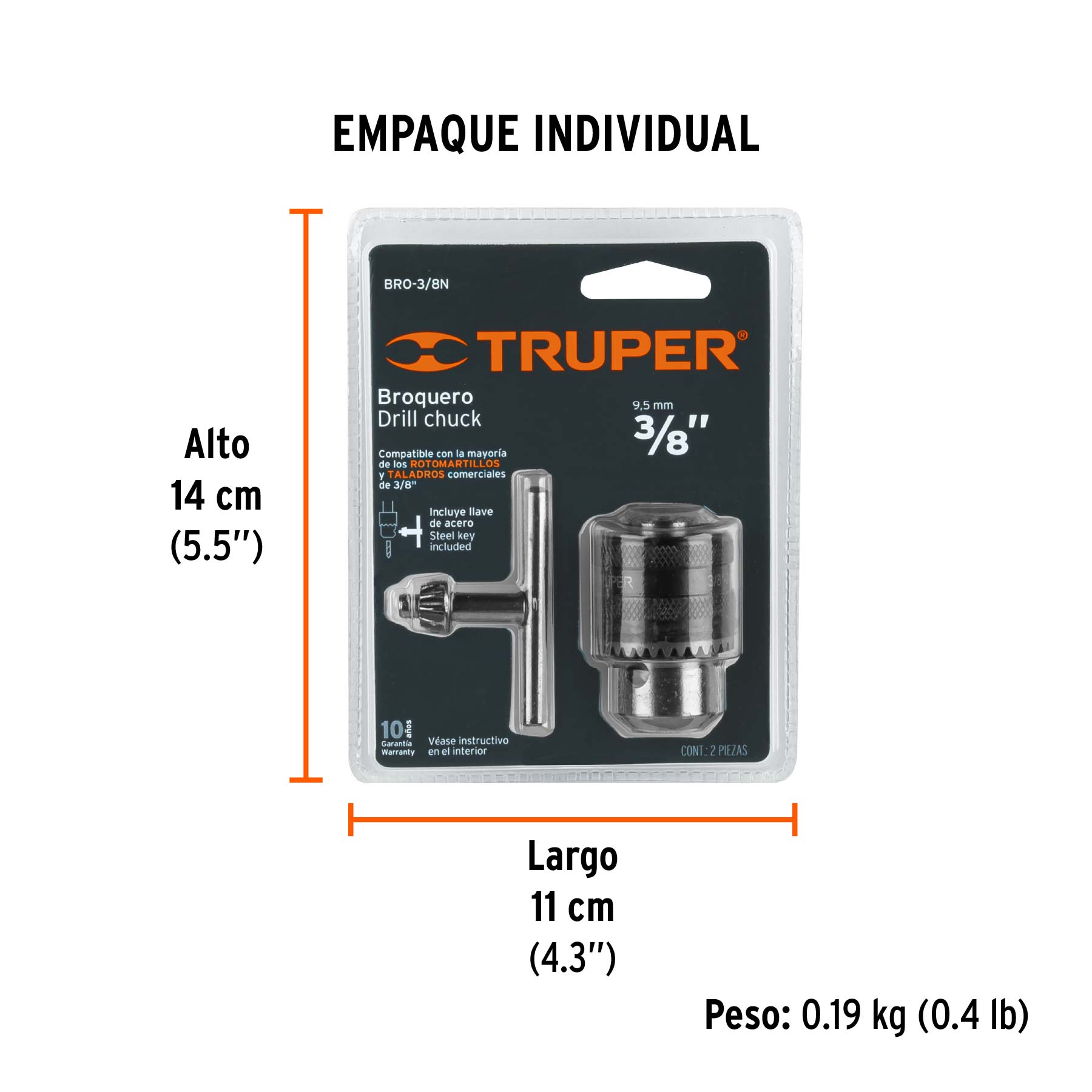 Broquero 3/8" con llave, cuerpo moleteado, TRUPER TRUPER